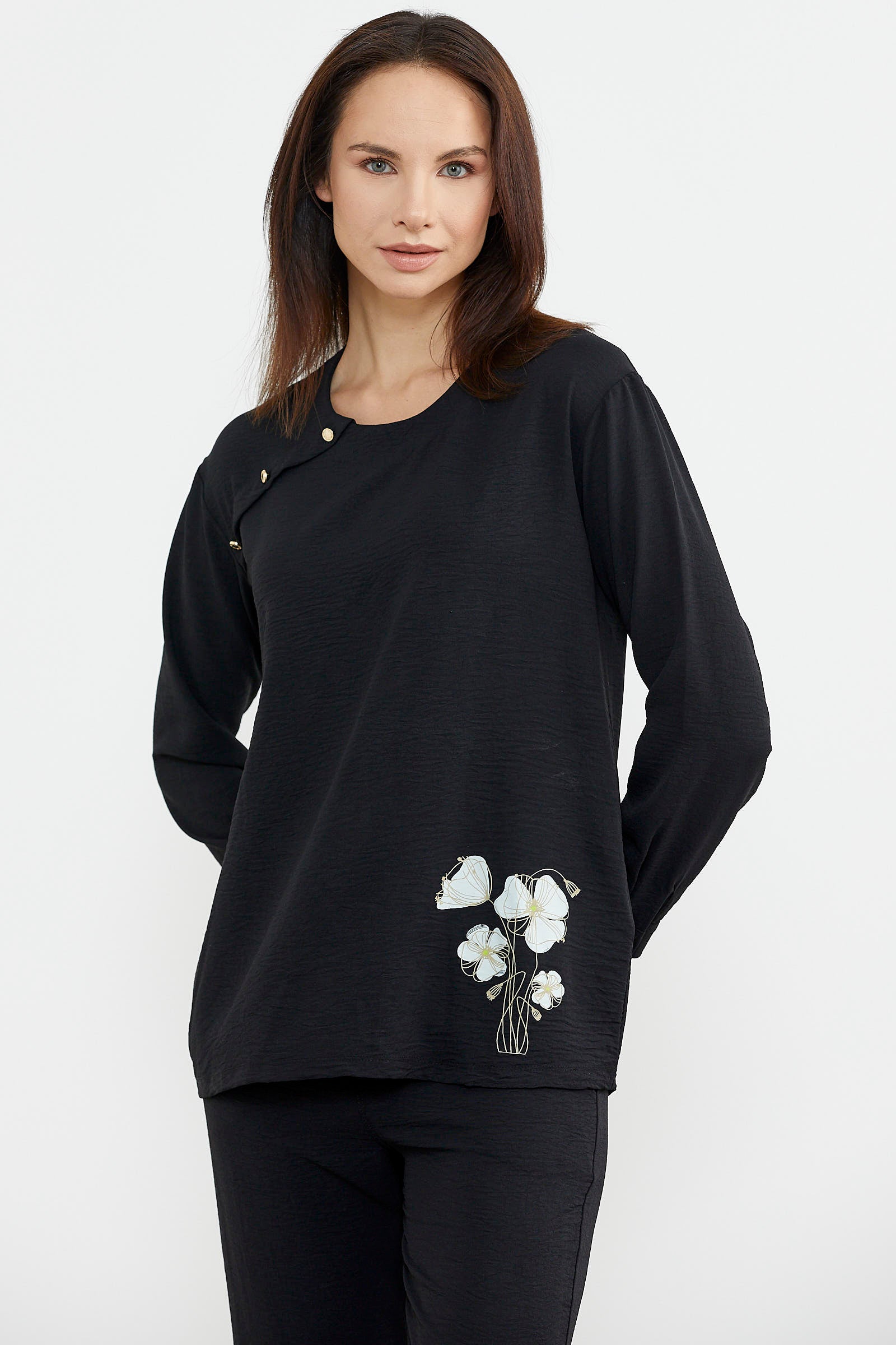 Baskı Detaylı Uzun Kol Krep Takım - Siyah (3) Sementa