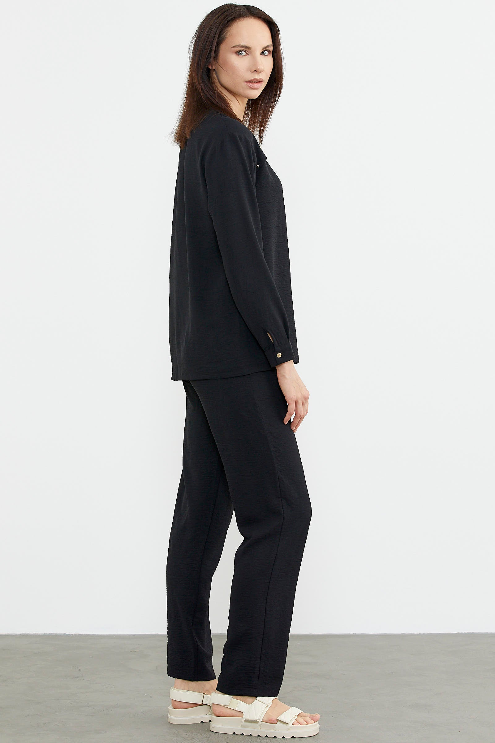 Baskı Detaylı Uzun Kol Krep Takım - Siyah (4) Sementa