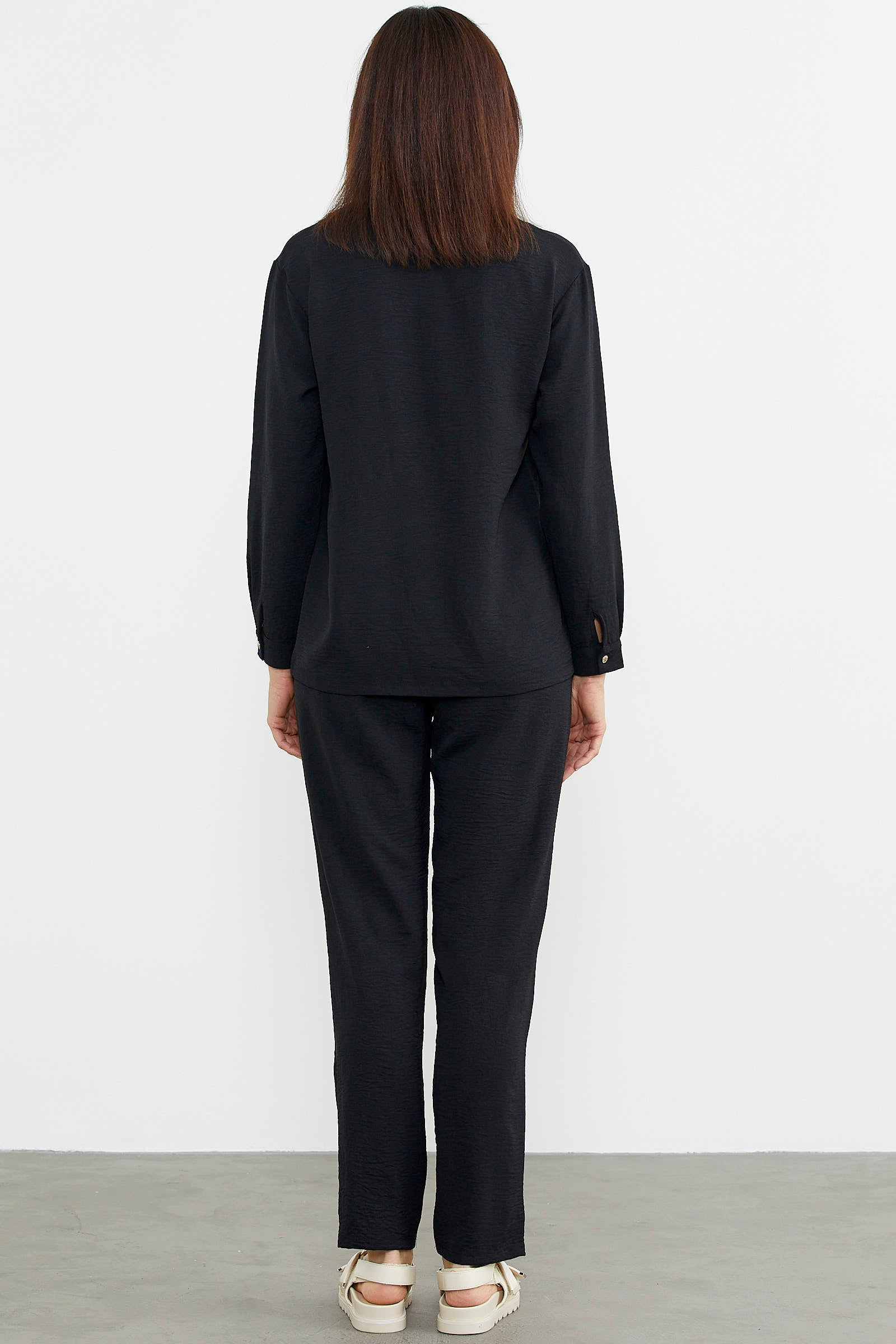 Baskı Detaylı Uzun Kol Krep Takım - Siyah (5) Sementa