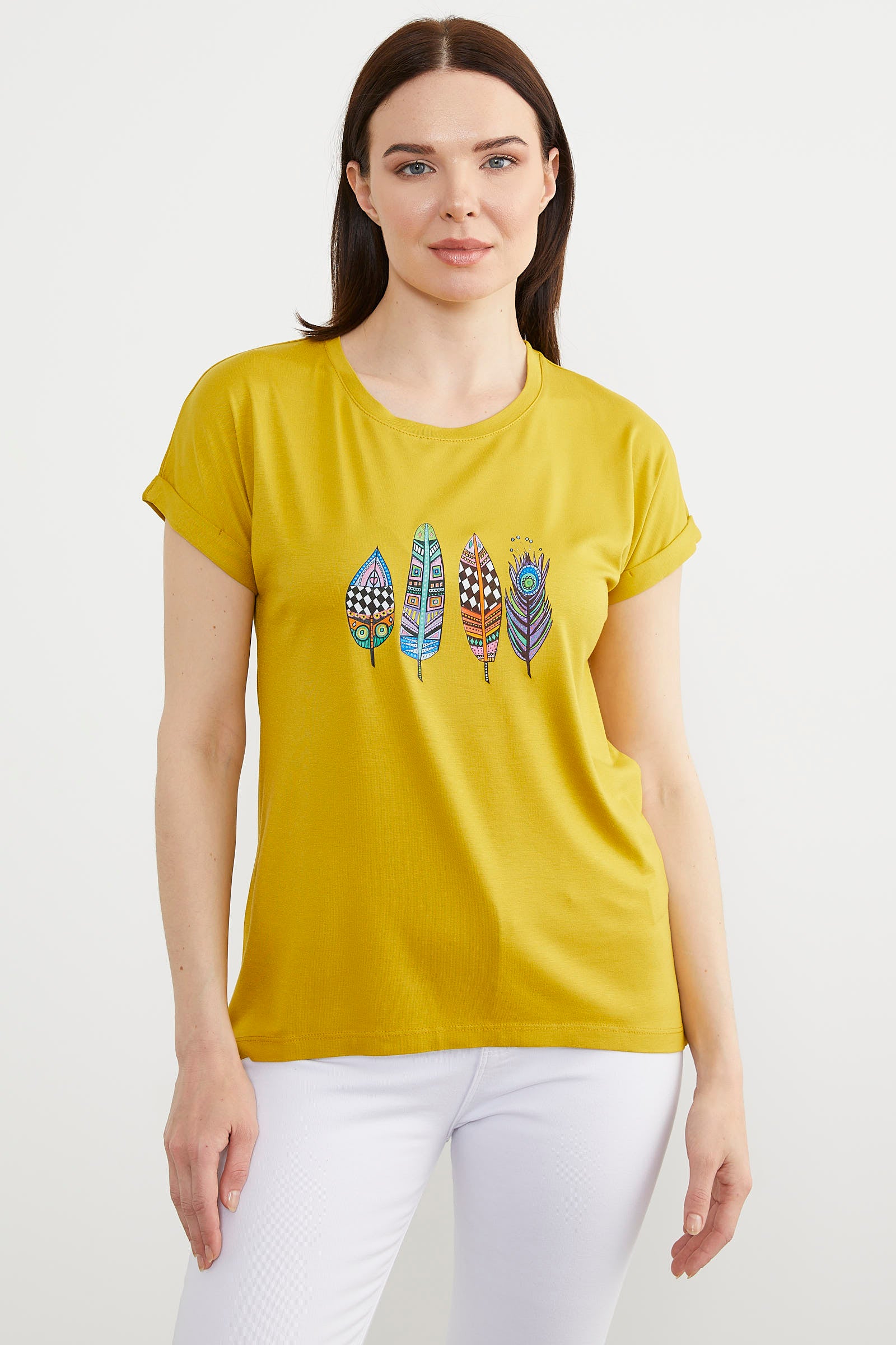 Baskılı Arkası Uzun Tişört - Hardal (1) Sementa