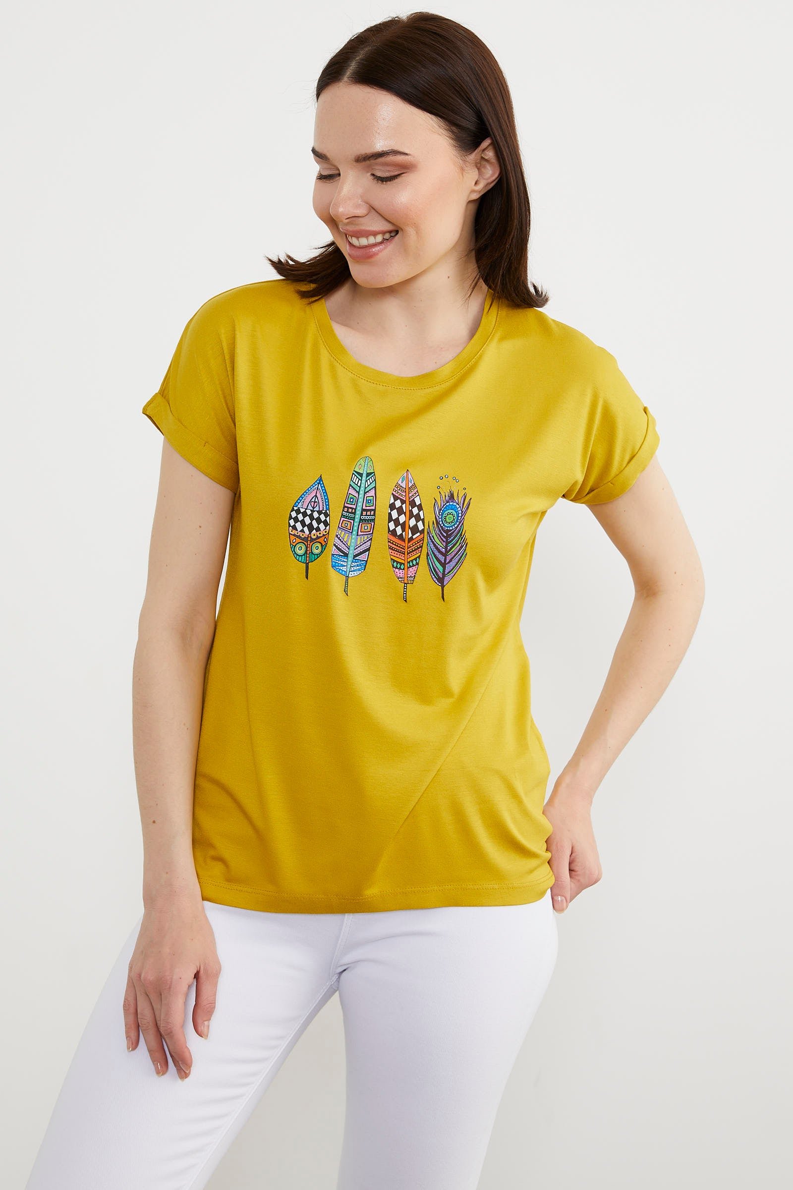 Baskılı Arkası Uzun Tişört - Hardal (3) Sementa