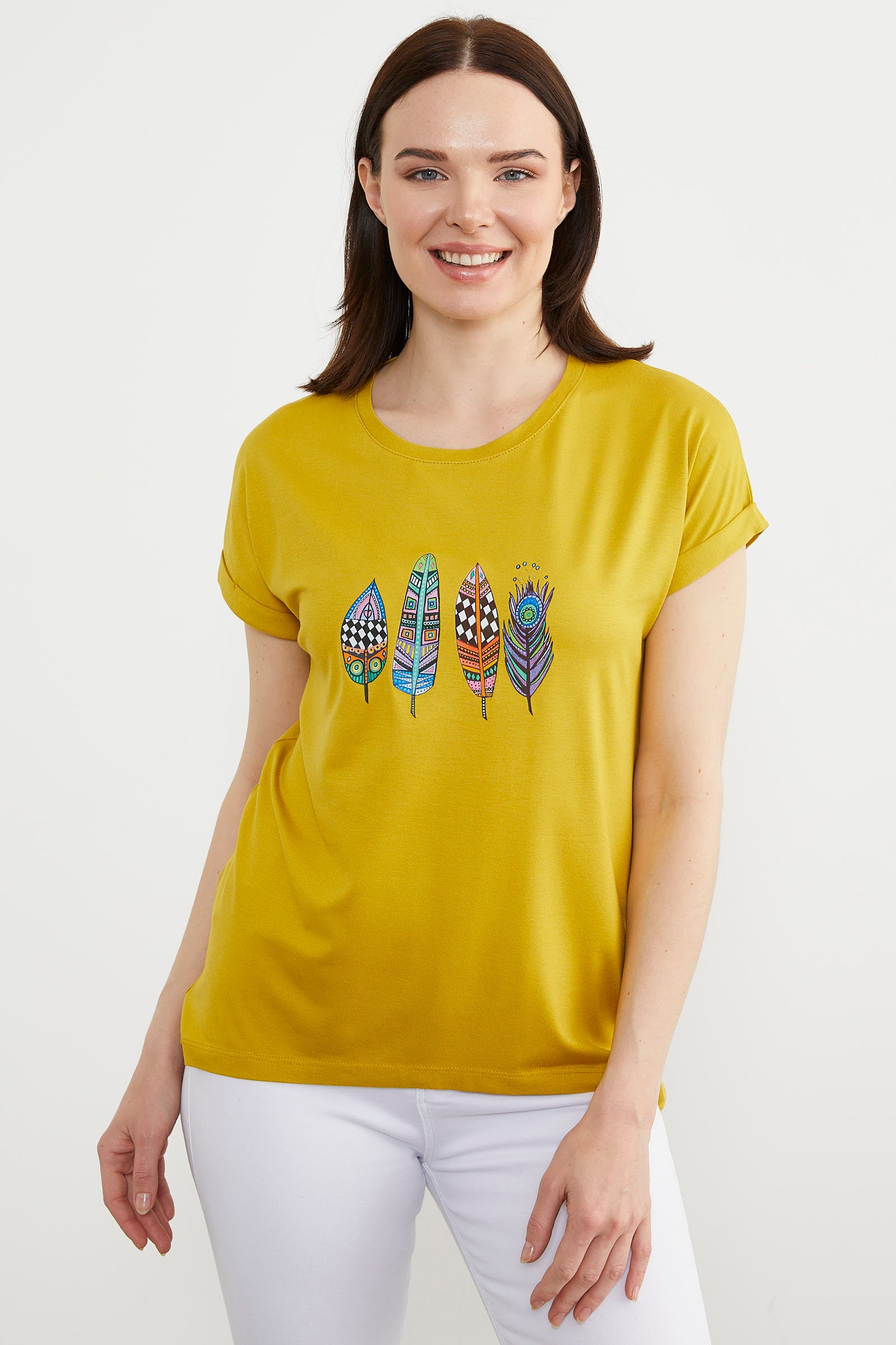 Baskılı Arkası Uzun Tişört - Hardal (4) Sementa