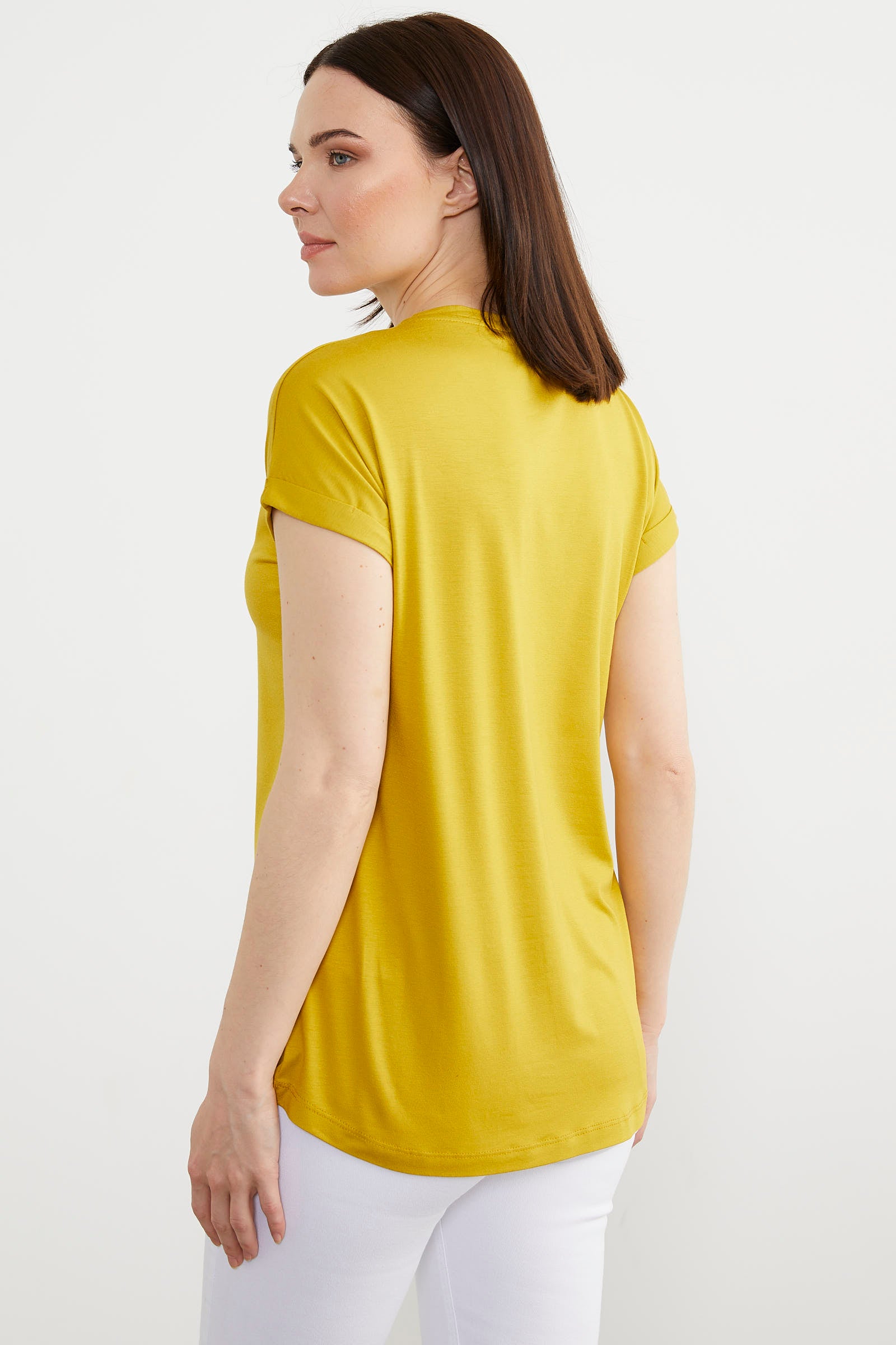 Baskılı Arkası Uzun Tişört - Hardal (5) Sementa