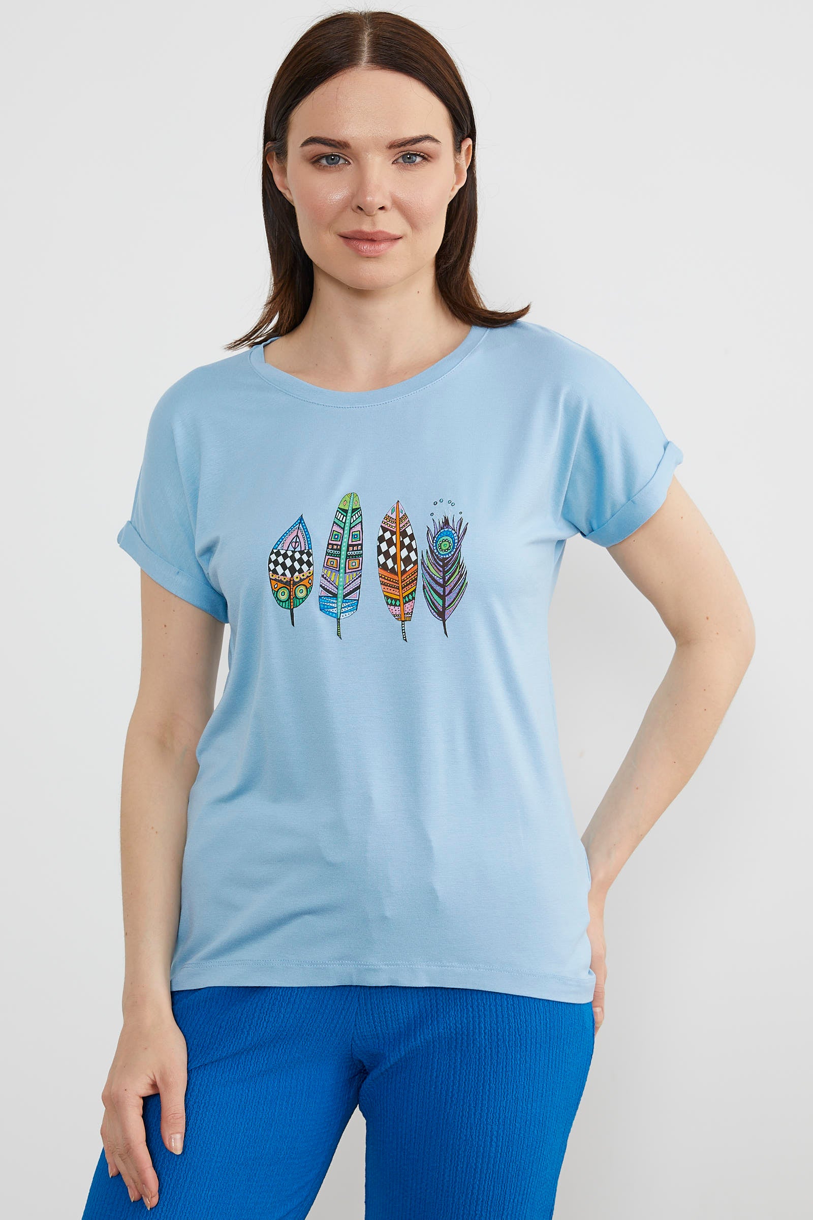 Baskılı Arkası Uzun Tişört - Mavi (2) Sementa