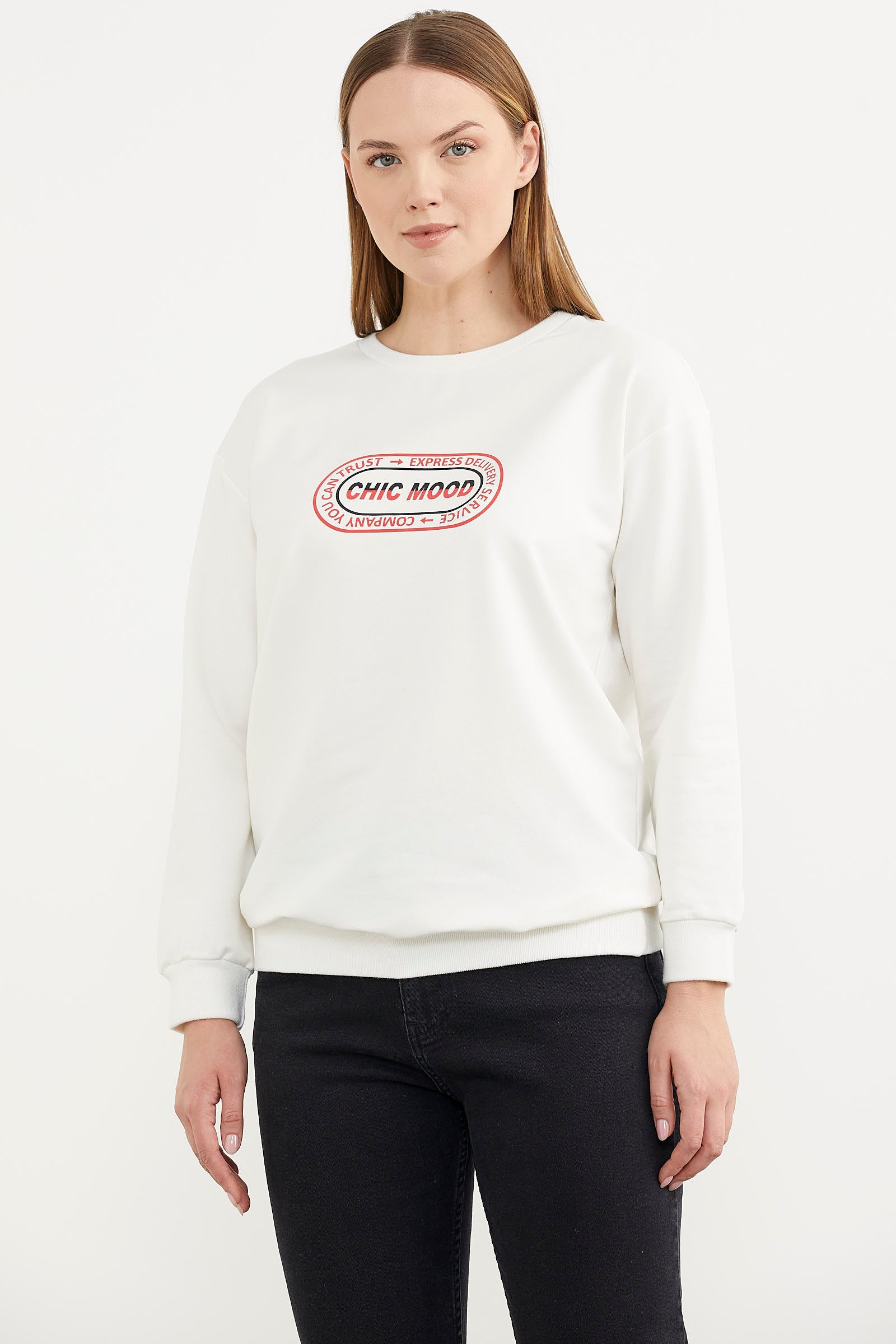 Baskılı Oversize Basic Sweatshirt - Ekru (2) Sementa