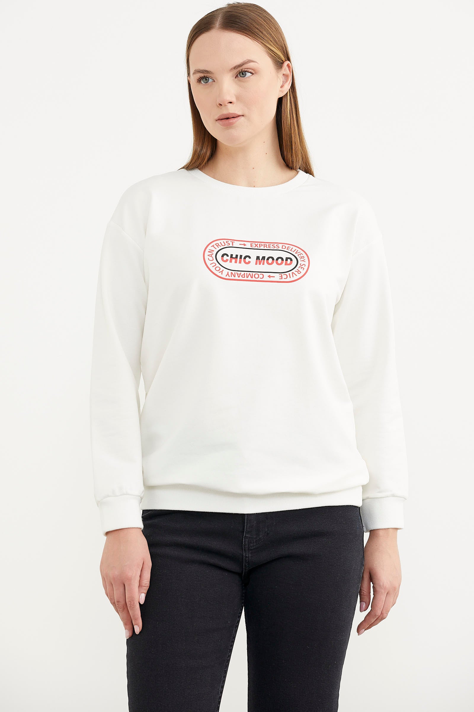 Baskılı Oversize Basic Sweatshirt - Ekru (3) Sementa