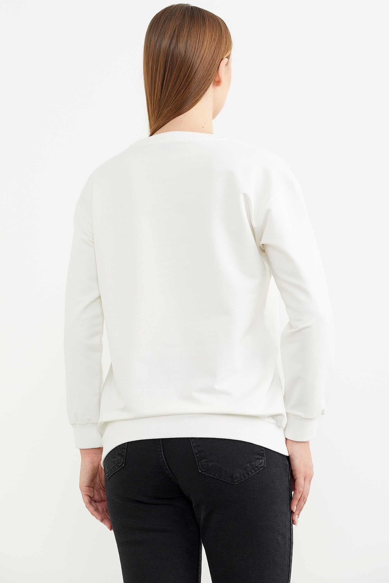 Baskılı Oversize Basic Sweatshirt - Ekru (6) Sementa