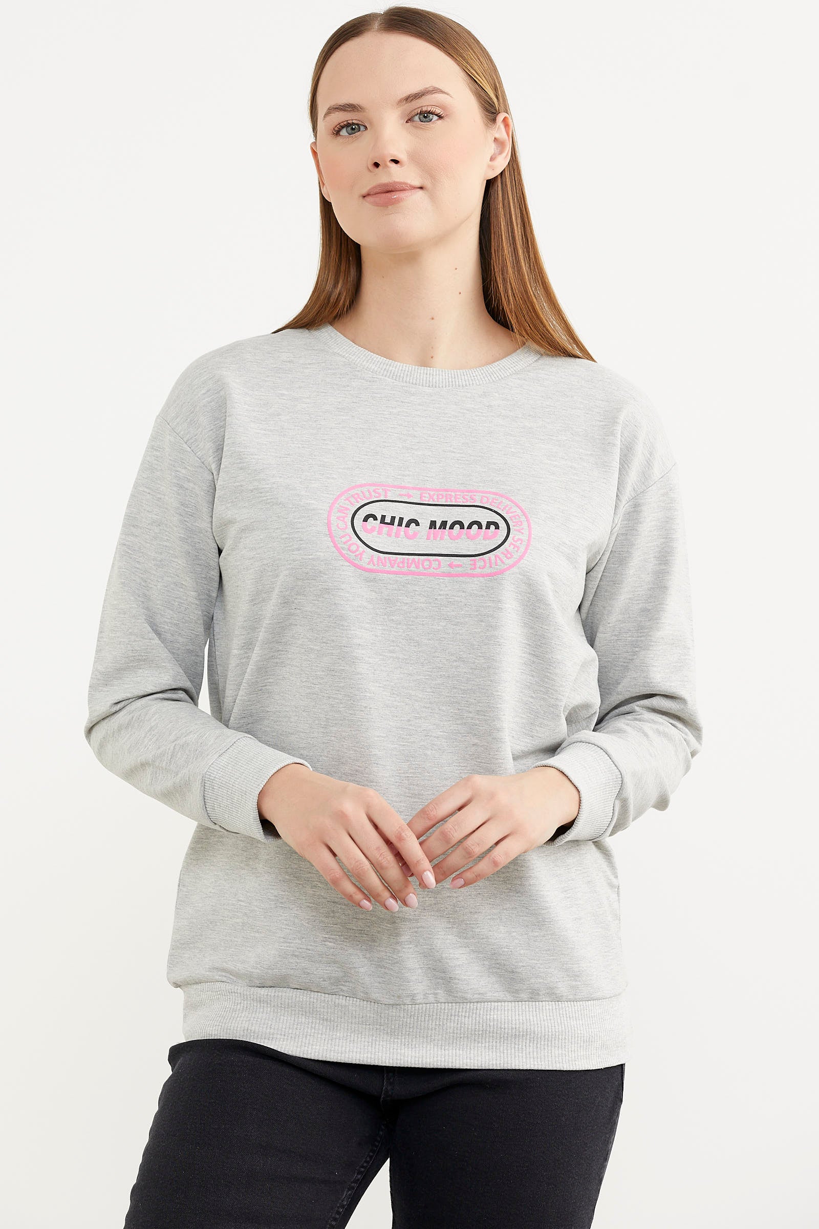 Baskılı Oversize Basic Sweatshirt - Gri (2) Sementa