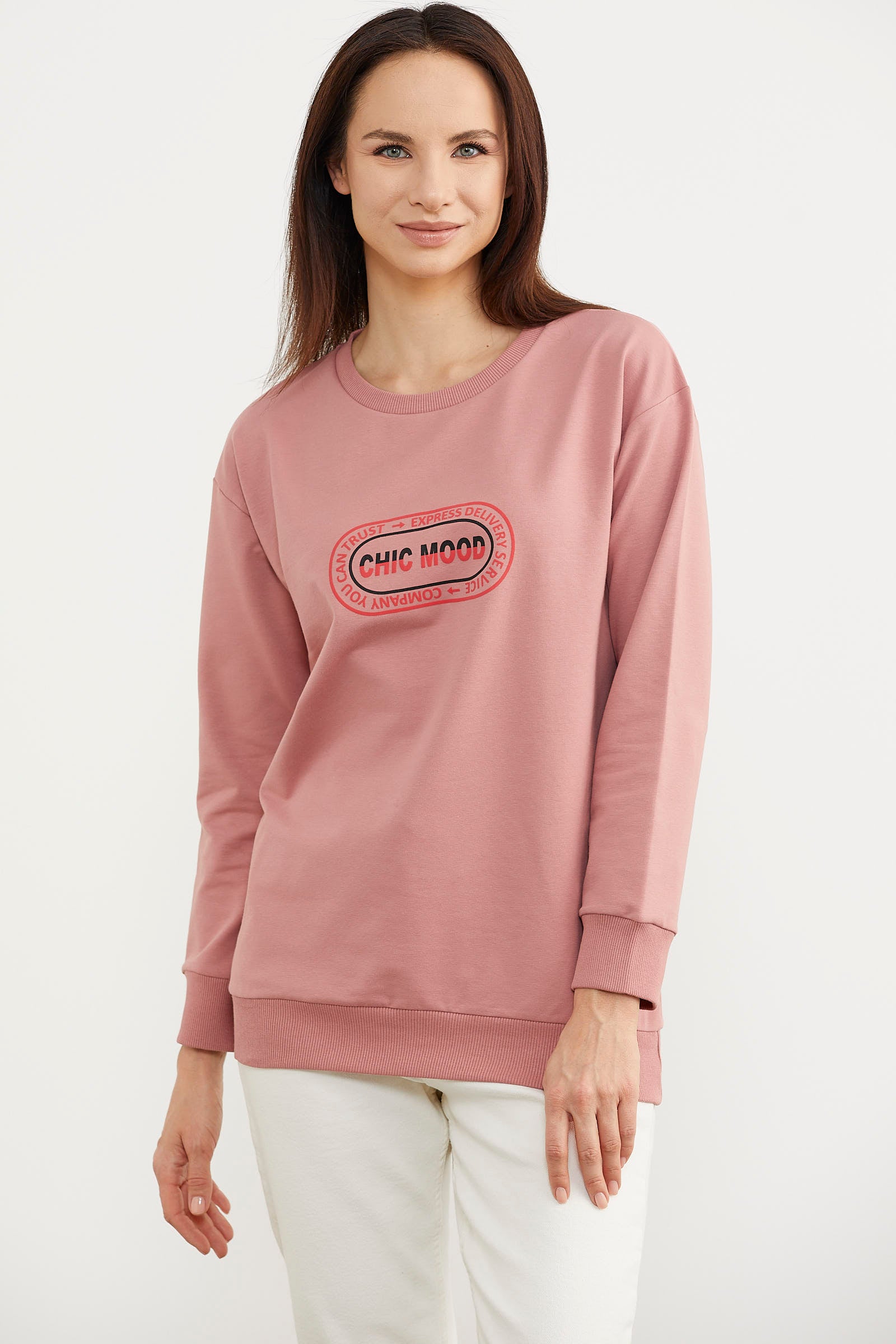 Baskılı Oversize Basic Sweatshirt - Gül Kurusu (2) Sementa
