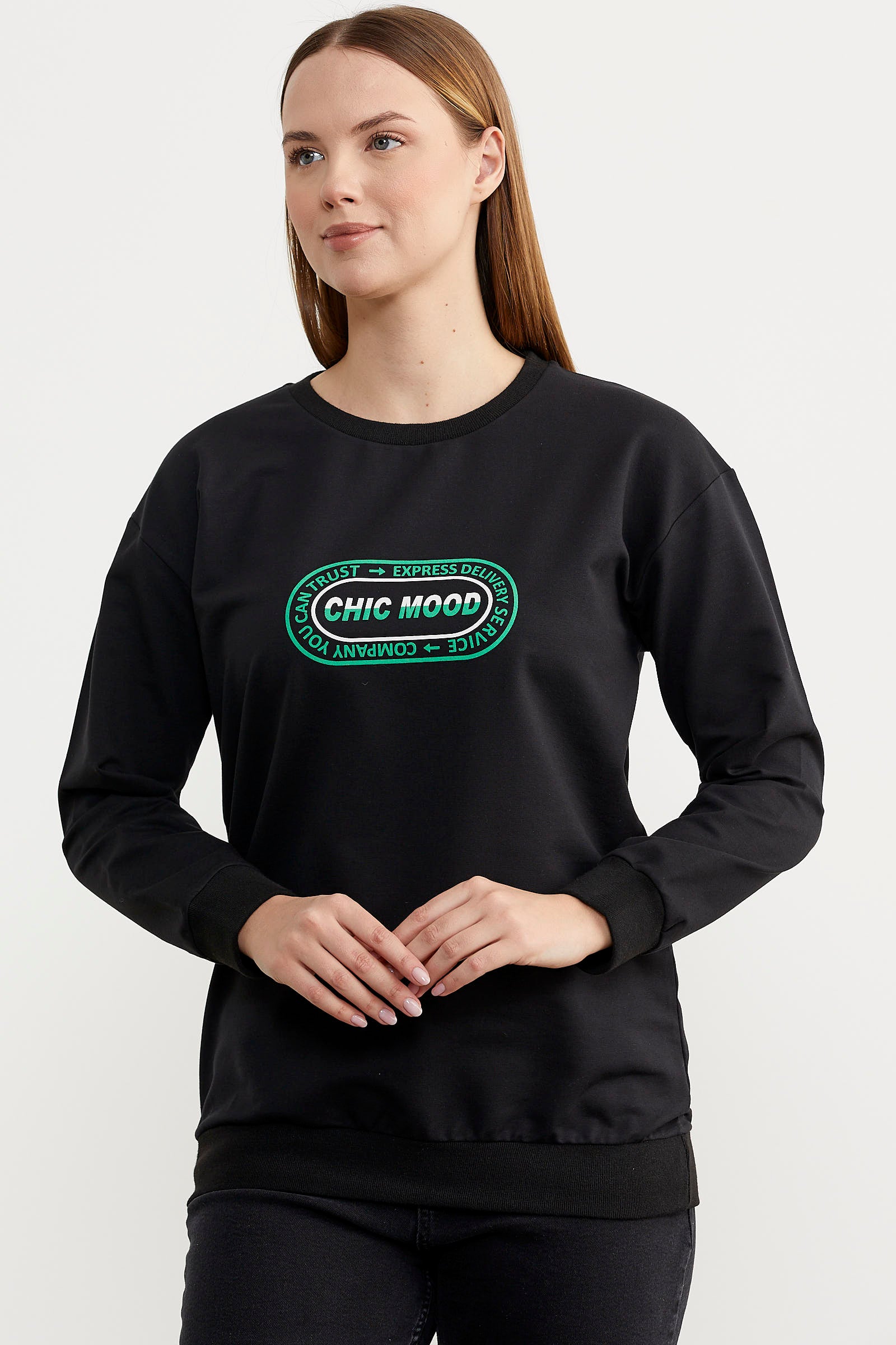 Baskılı Oversize Basic Sweatshirt - Siyah (2) Sementa