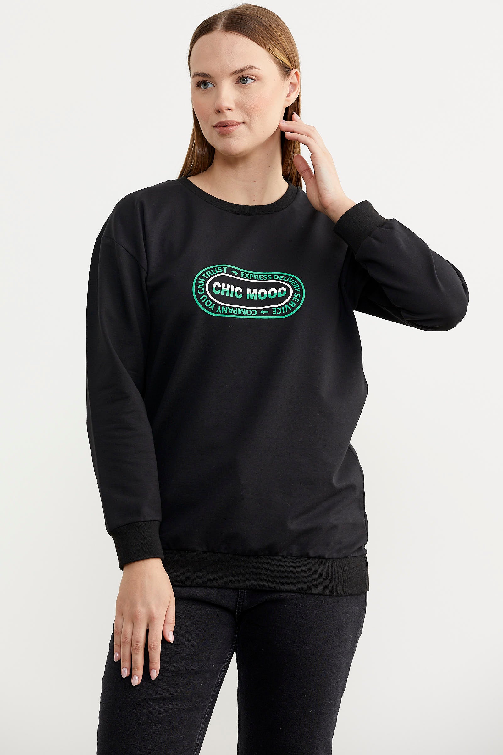 Baskılı Oversize Basic Sweatshirt - Siyah (4) Sementa