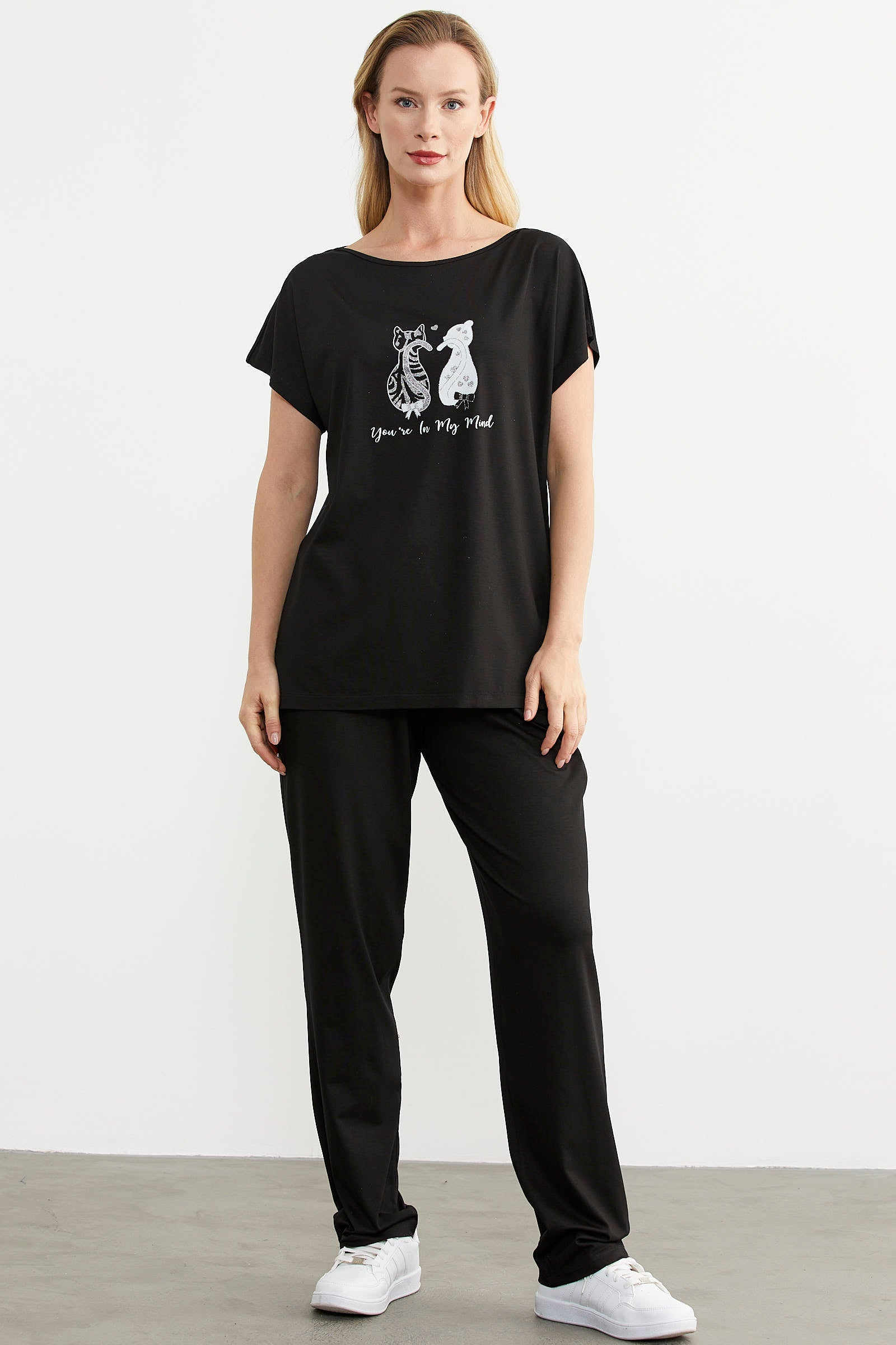 Baskılı Pantolon Bluz Penye Takım - Siyah (1) Sementa