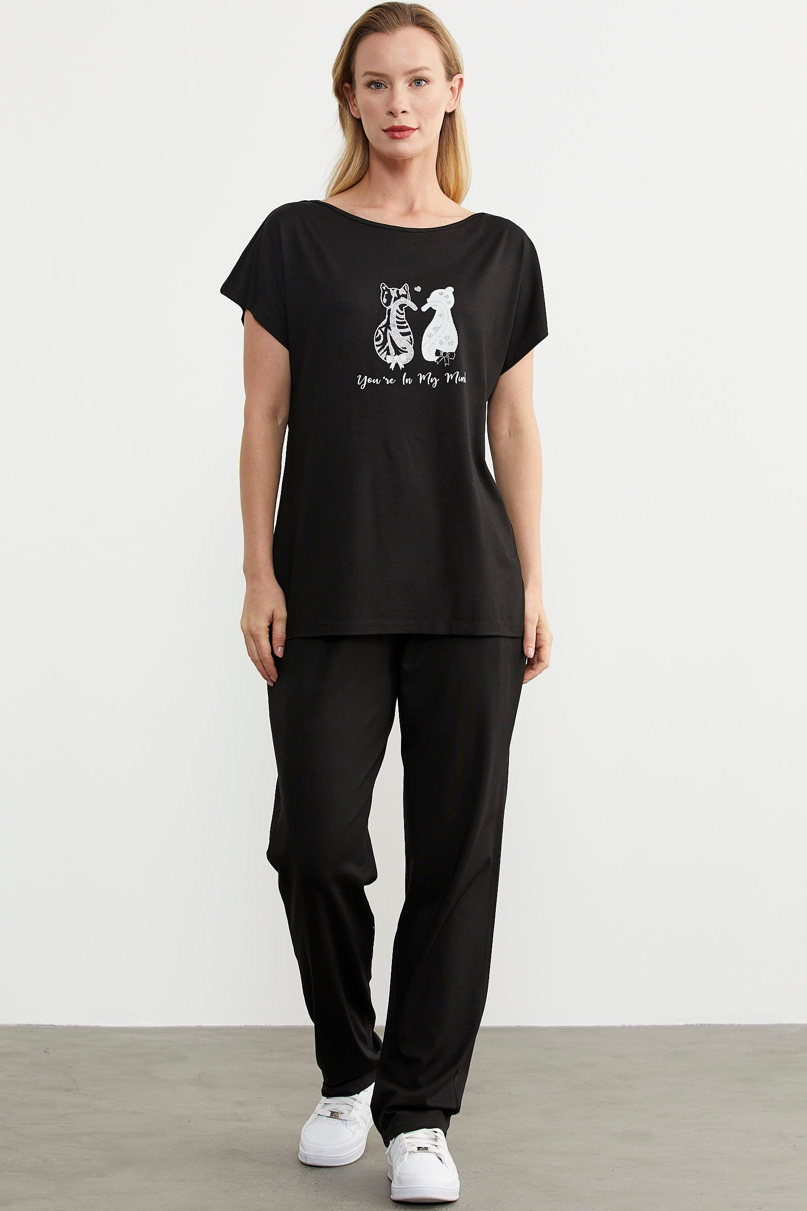 Baskılı Pantolon Bluz Penye Takım - Siyah (2) Sementa