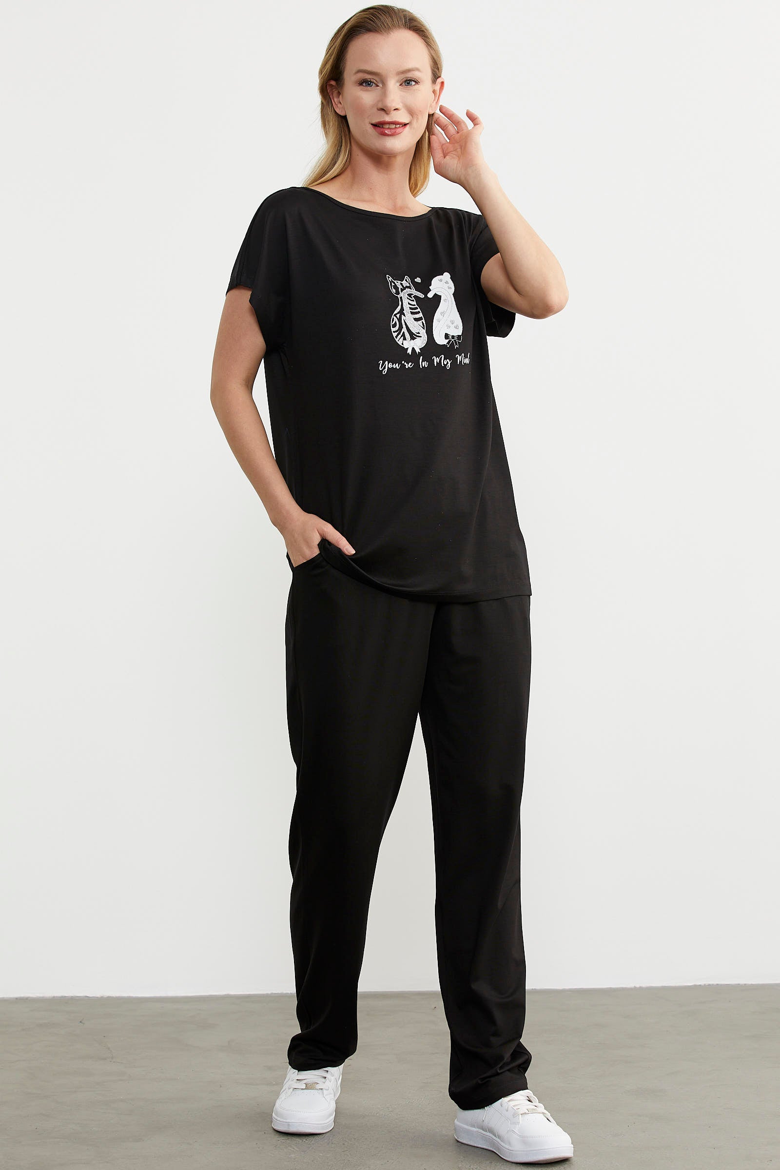 Baskılı Pantolon Bluz Penye Takım - Siyah (3) Sementa