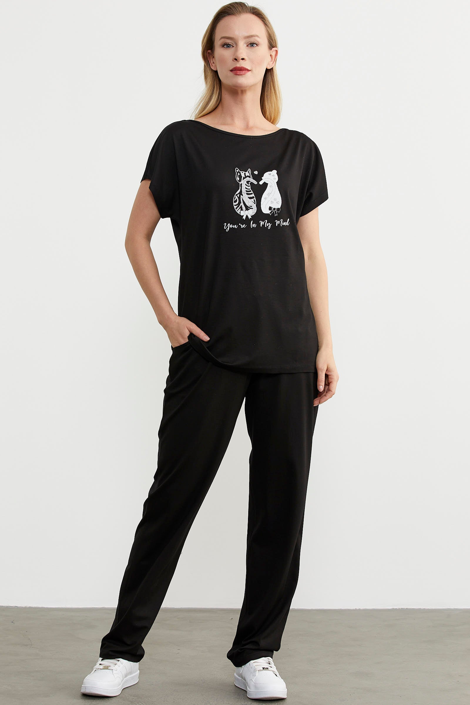 Baskılı Pantolon Bluz Penye Takım - Siyah (4) Sementa