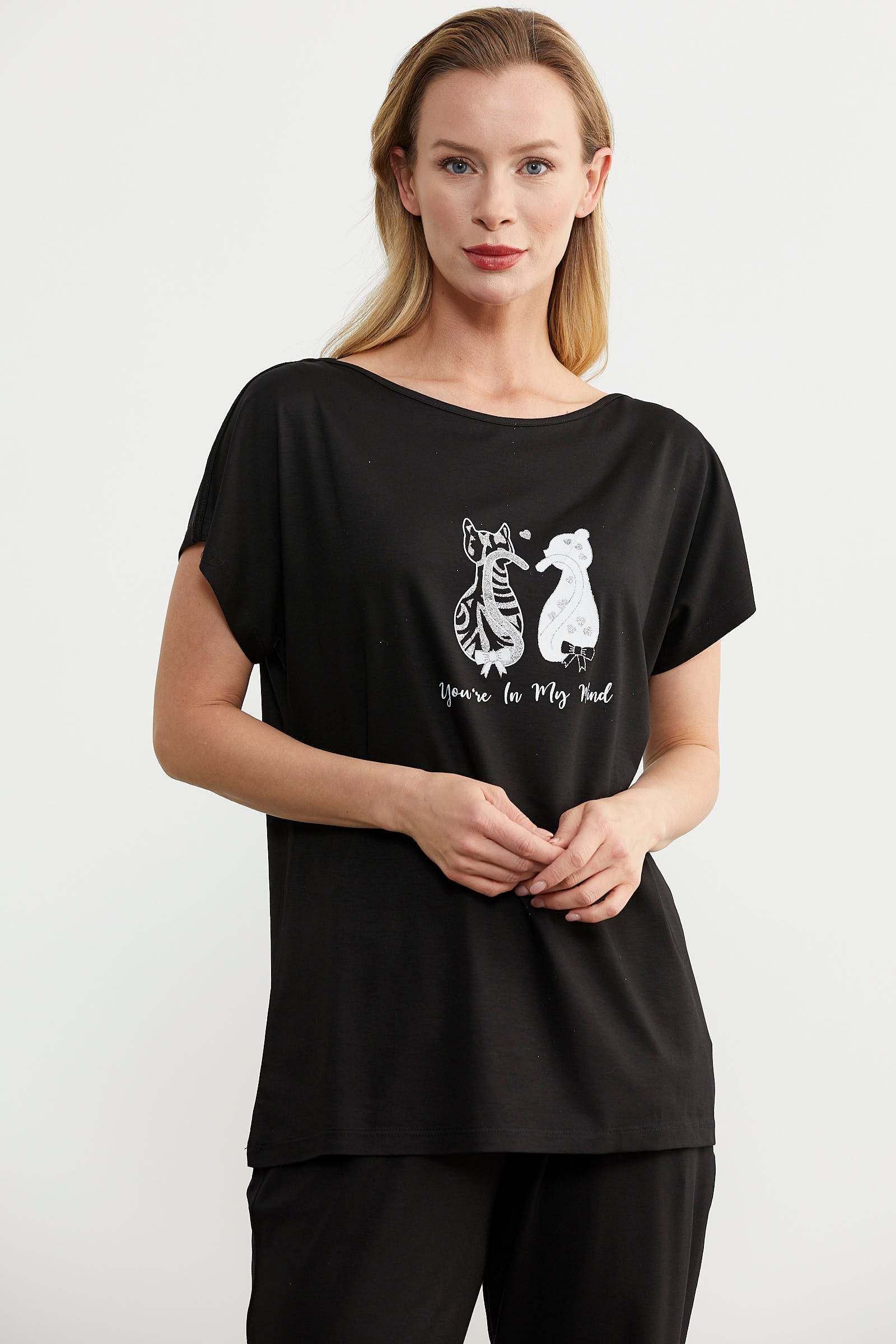 Baskılı Pantolon Bluz Penye Takım - Siyah (5) Sementa