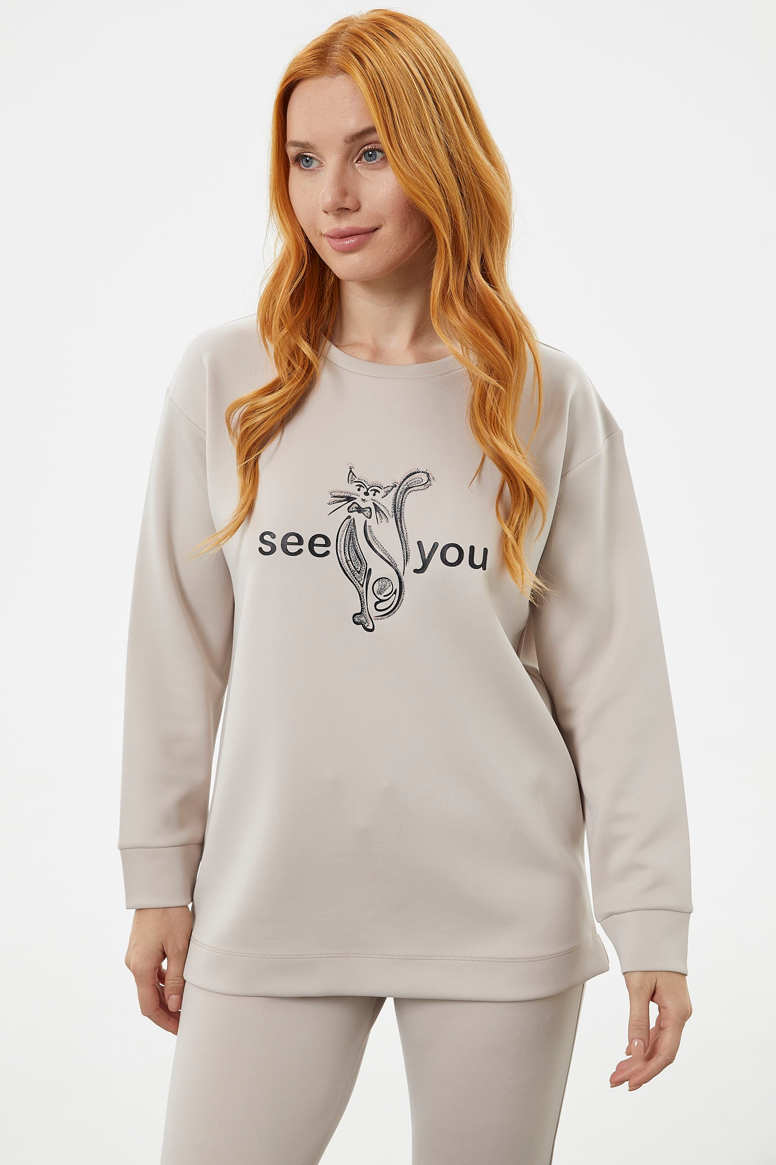 Baskılı Sıfır Yaka Oversize Eşofman Takım - Bej (3) Sementa