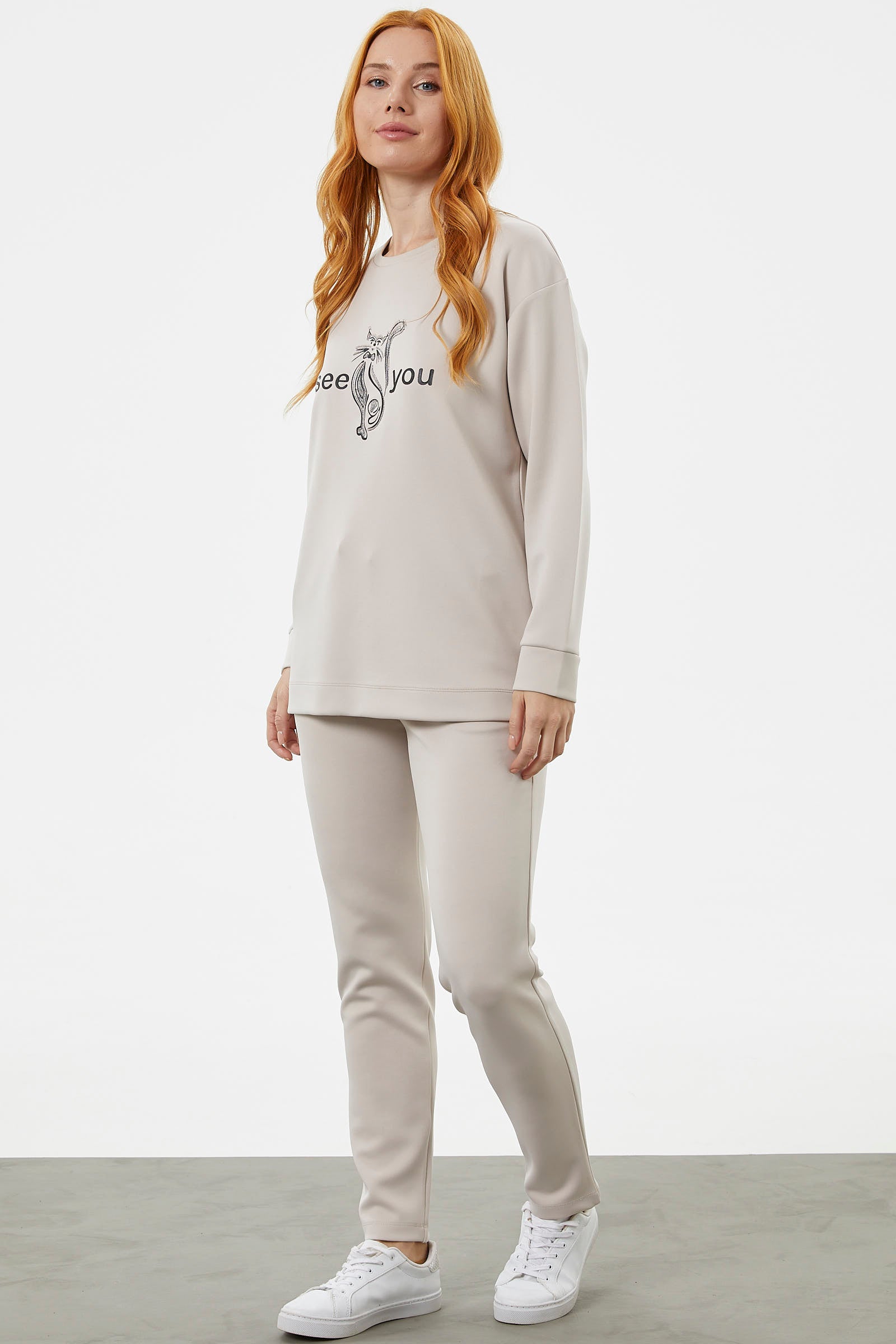 Baskılı Sıfır Yaka Oversize Eşofman Takım - Bej (2) Sementa