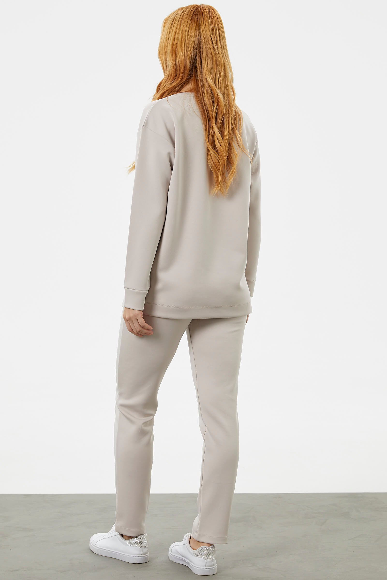 Baskılı Sıfır Yaka Oversize Eşofman Takım - Bej (5) Sementa