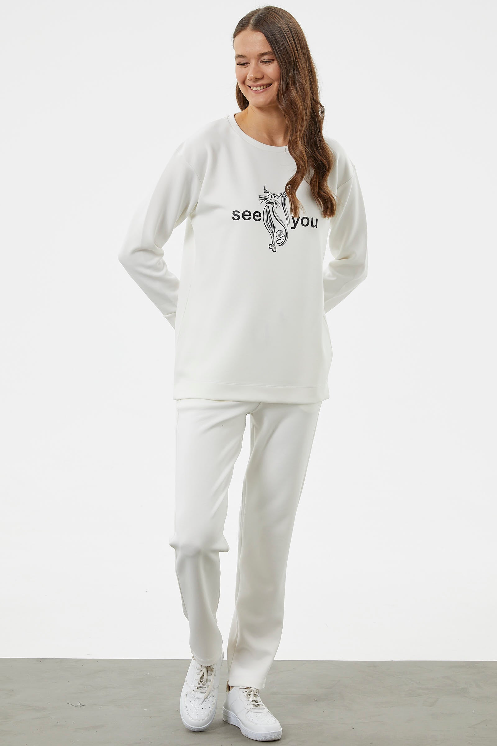 Baskılı Sıfır Yaka Oversize Eşofman Takım - Ekru (2) Sementa