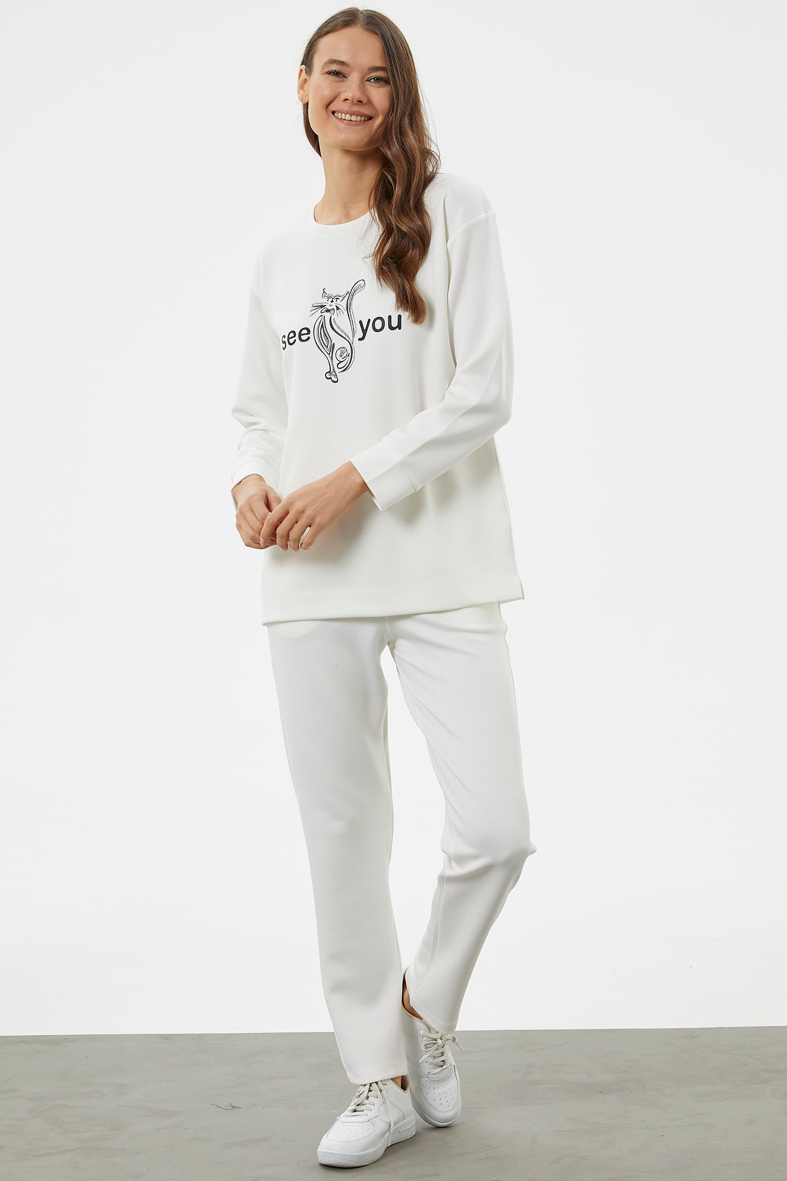 Baskılı Sıfır Yaka Oversize Eşofman Takım - Ekru (4) Sementa