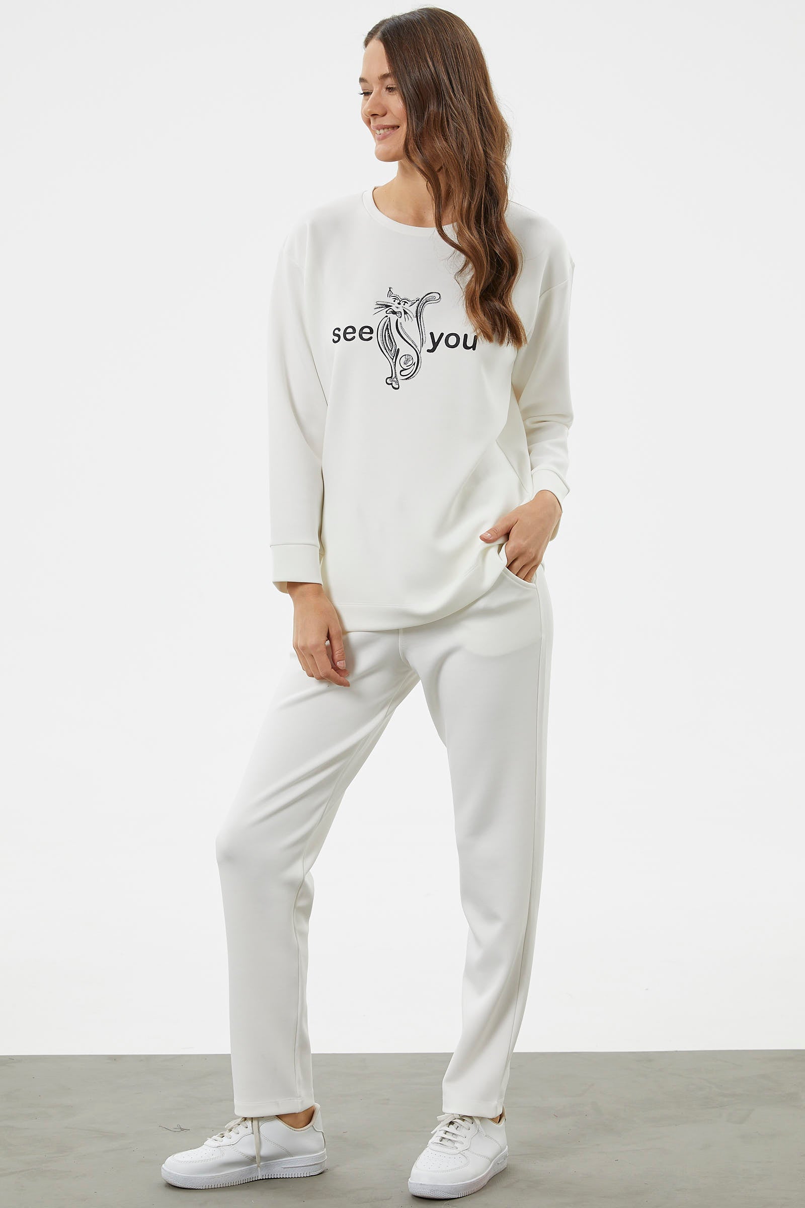 Baskılı Sıfır Yaka Oversize Eşofman Takım - Ekru (5) Sementa