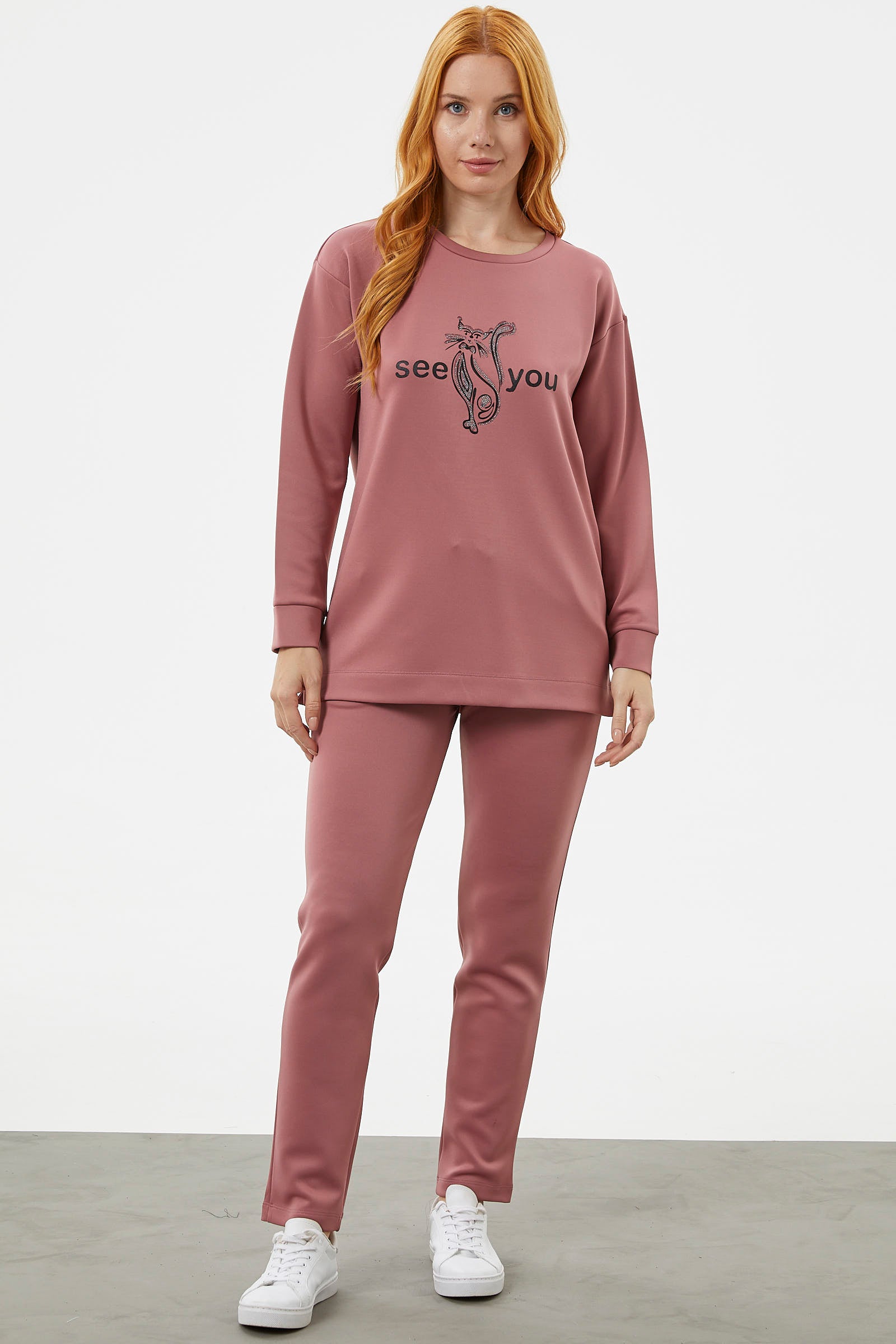 Baskılı Sıfır Yaka Oversize Eşofman Takım - Gül (1) Sementa