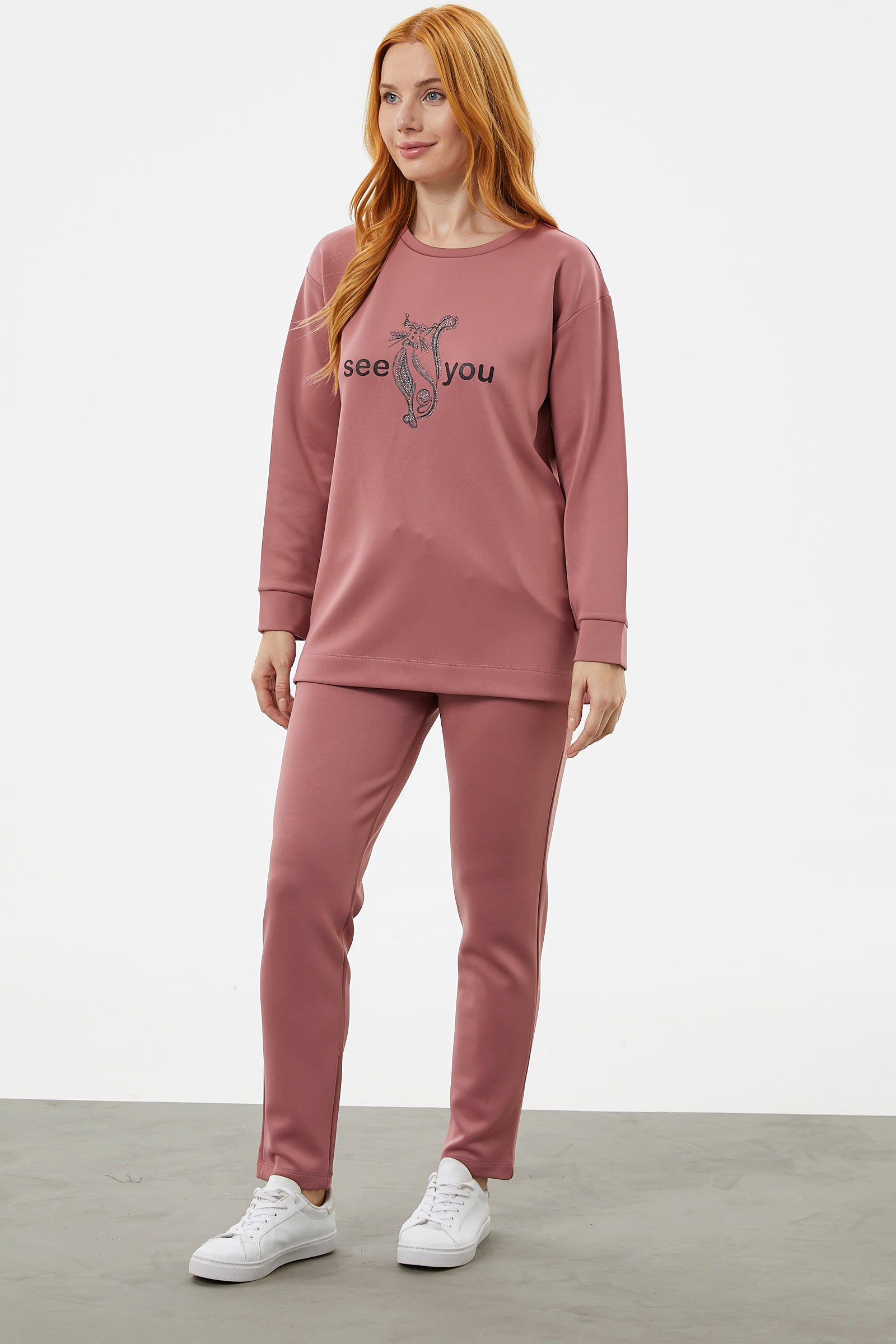 Baskılı Sıfır Yaka Oversize Eşofman Takım - Gül (2) Sementa