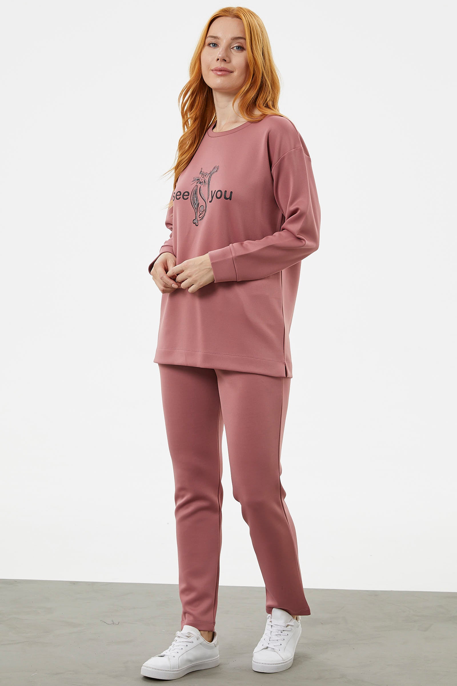 Baskılı Sıfır Yaka Oversize Eşofman Takım - Gül (3) Sementa