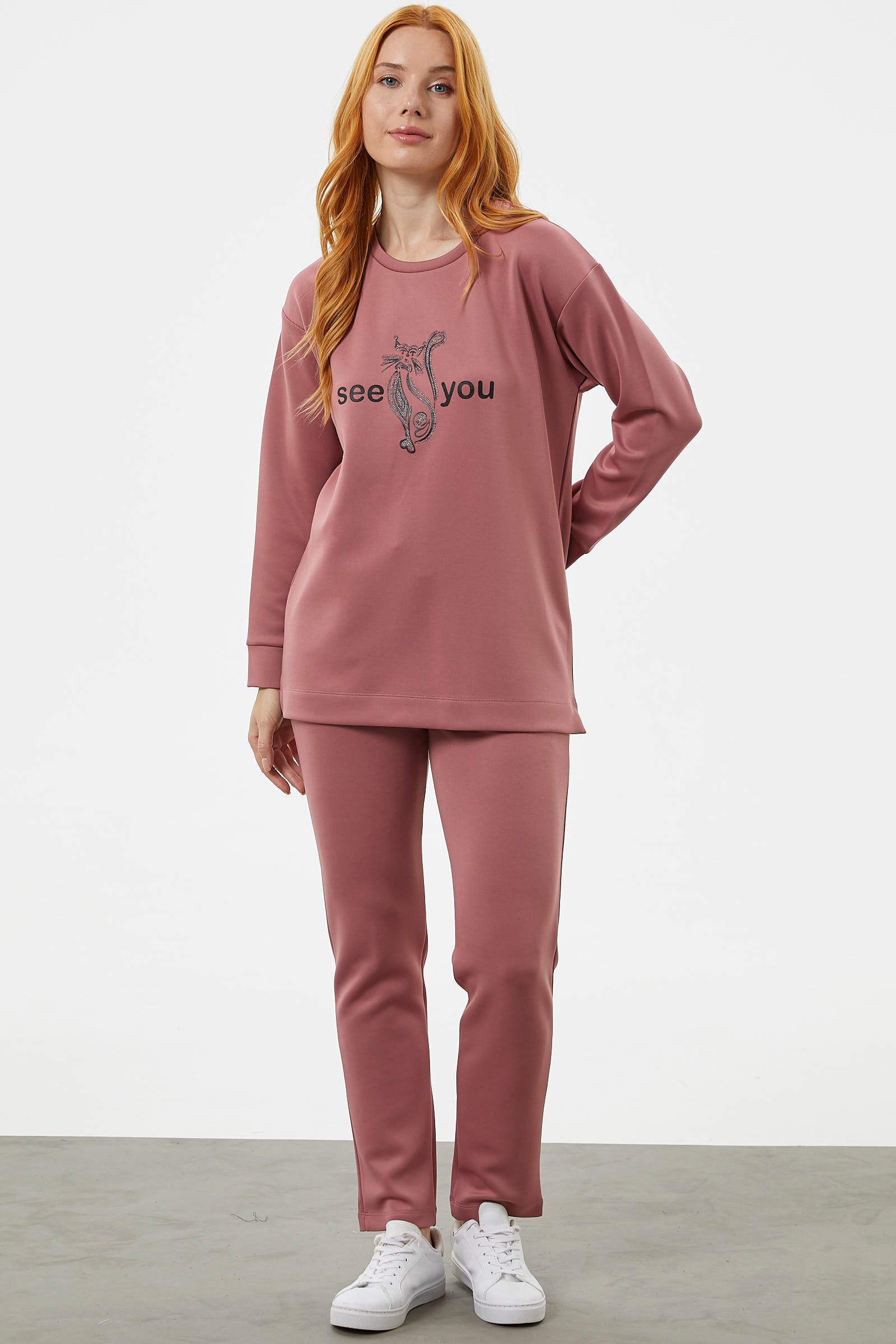 Baskılı Sıfır Yaka Oversize Eşofman Takım - Gül (4) Sementa