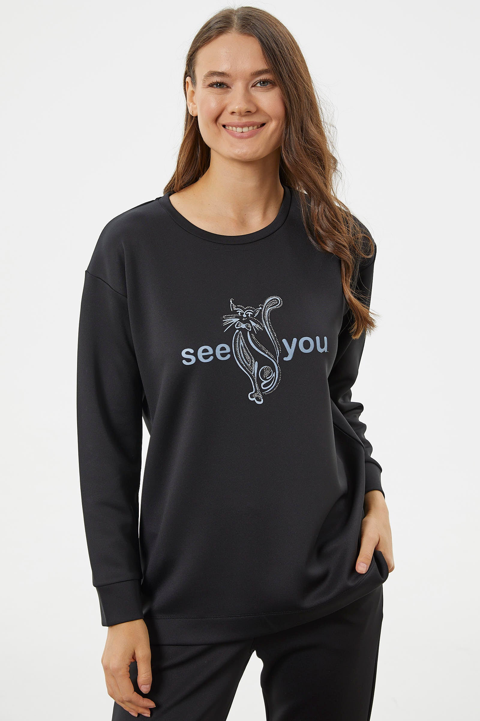 Baskılı Sıfır Yaka Oversize Eşofman Takım - Siyah (3) Sementa