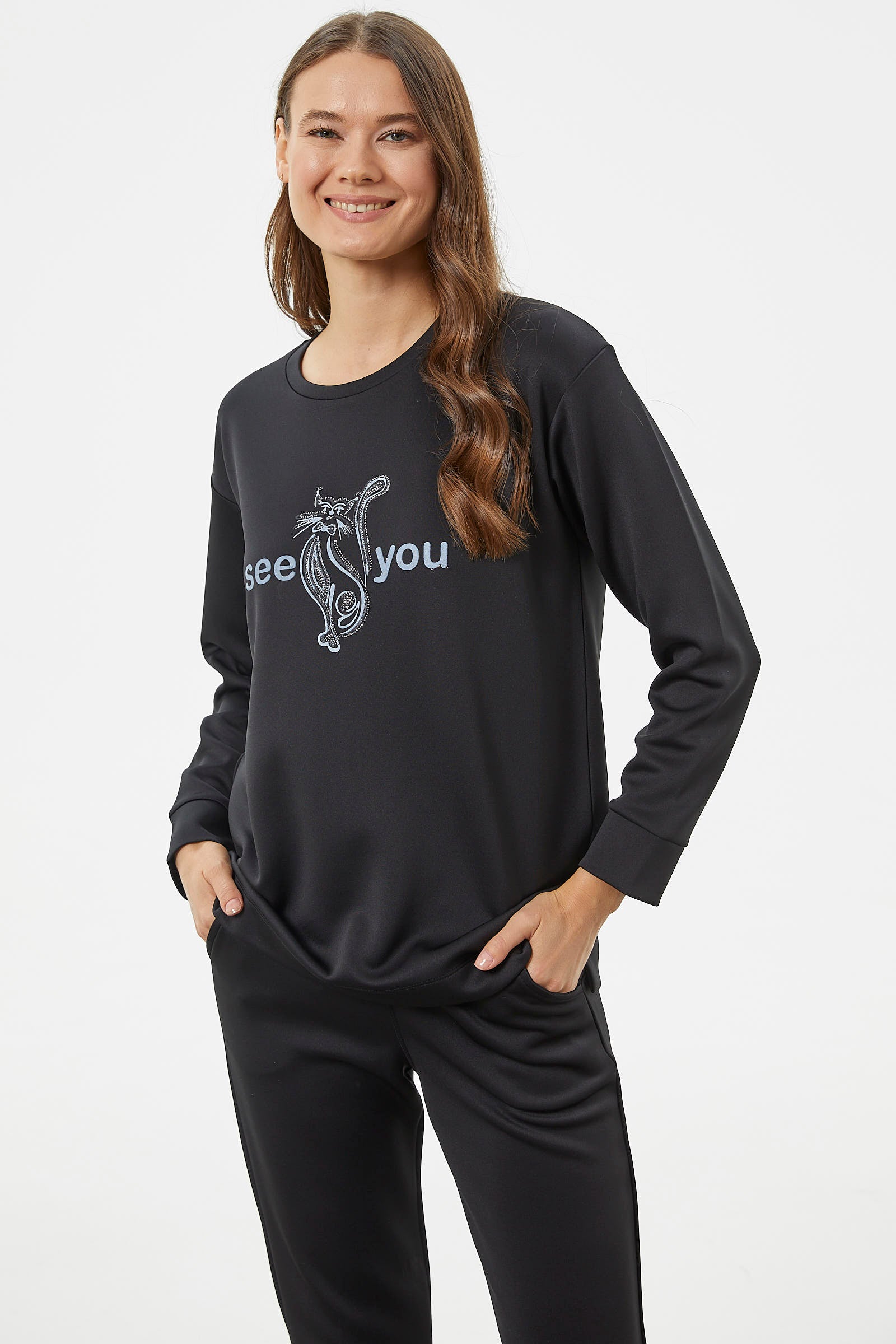 Baskılı Sıfır Yaka Oversize Eşofman Takım - Siyah (4) Sementa