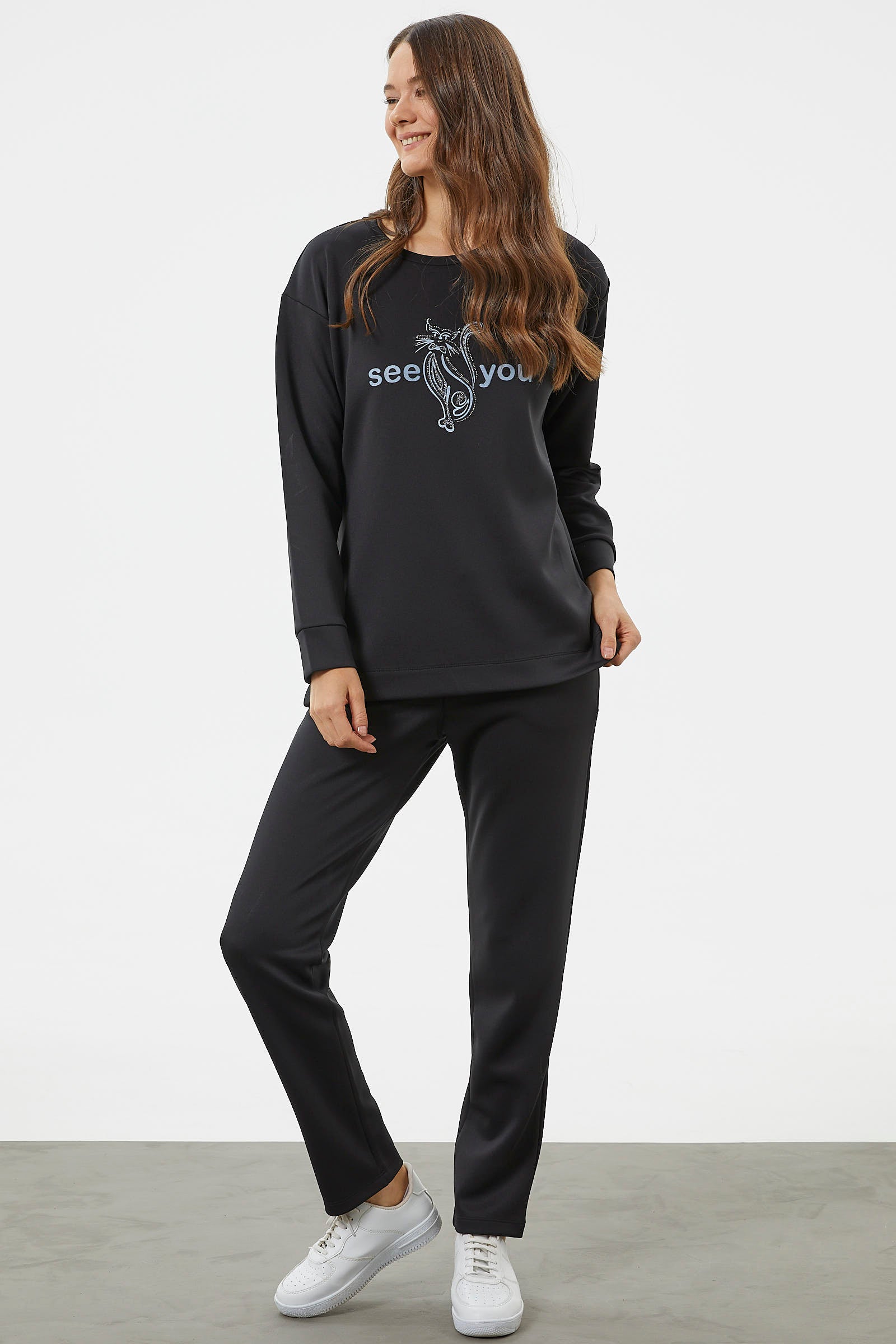 Baskılı Sıfır Yaka Oversize Eşofman Takım - Siyah (2) Sementa