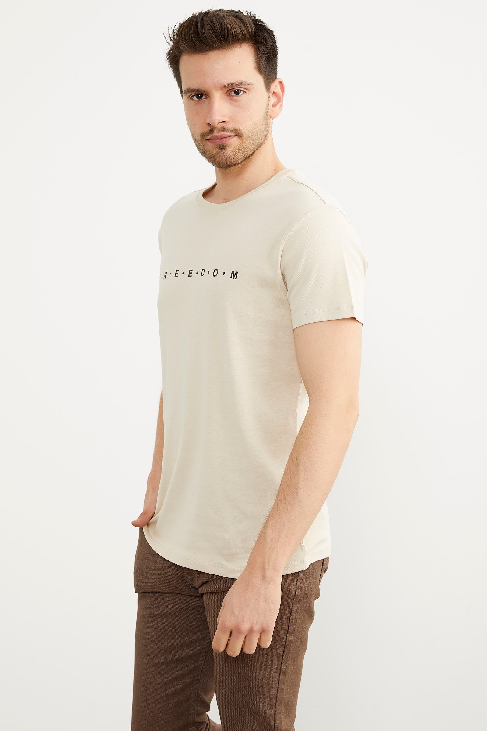 Baskılı Sıfır Yaka Pamuk Tişört - Bej (2) Sementa