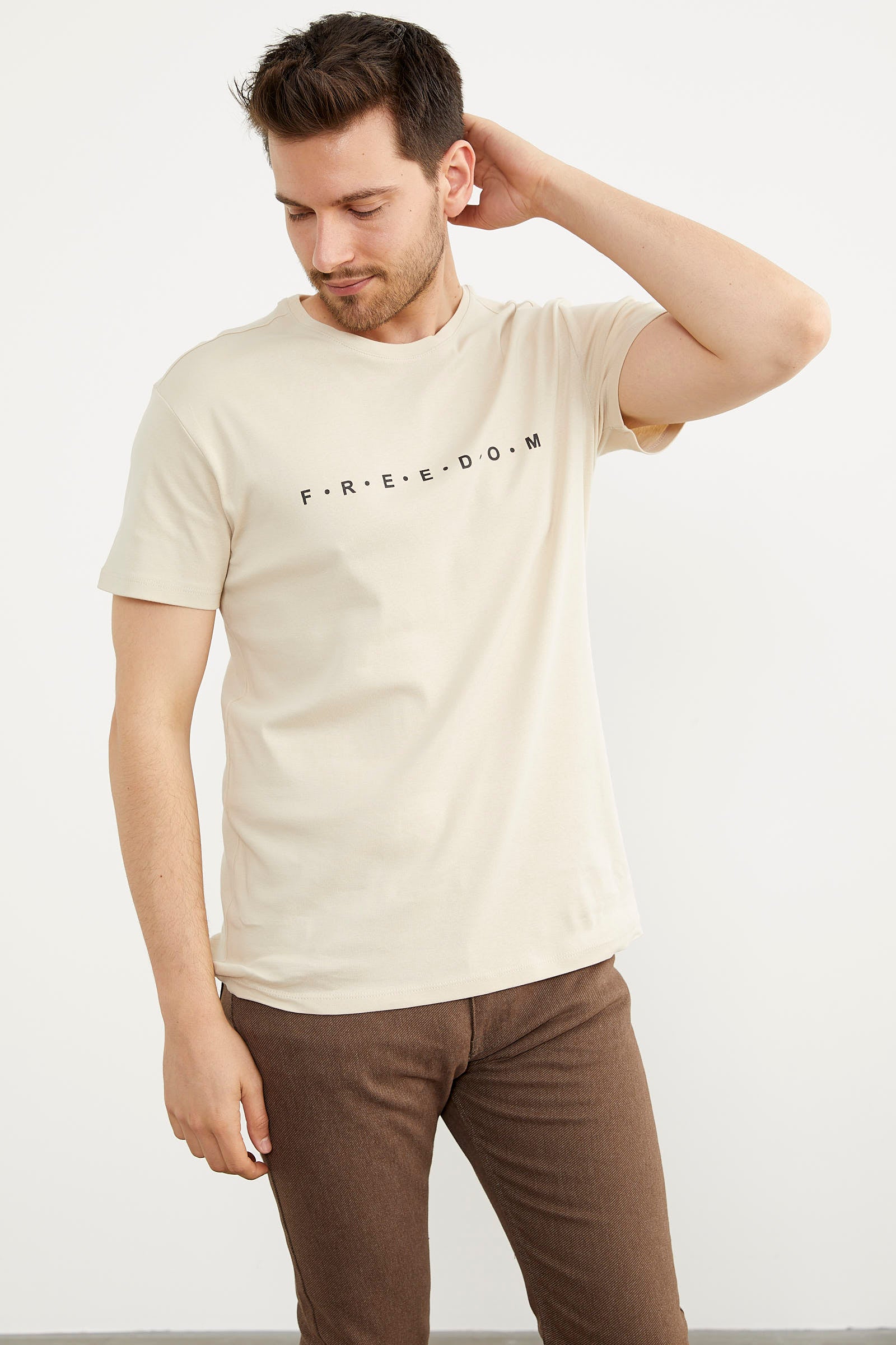 Baskılı Sıfır Yaka Pamuk Tişört - Bej (3) Sementa