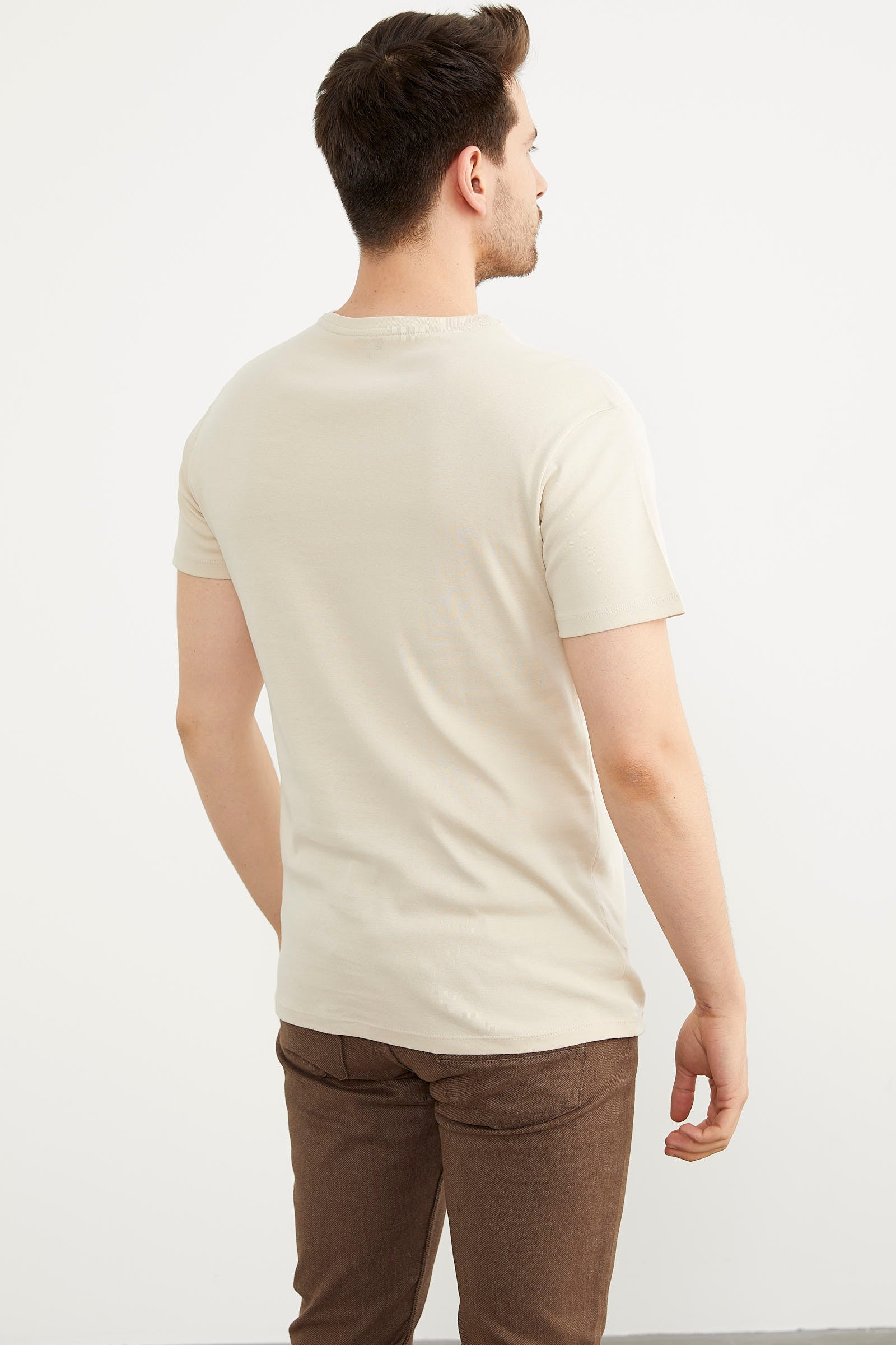 Baskılı Sıfır Yaka Pamuk Tişört - Bej (4) Sementa