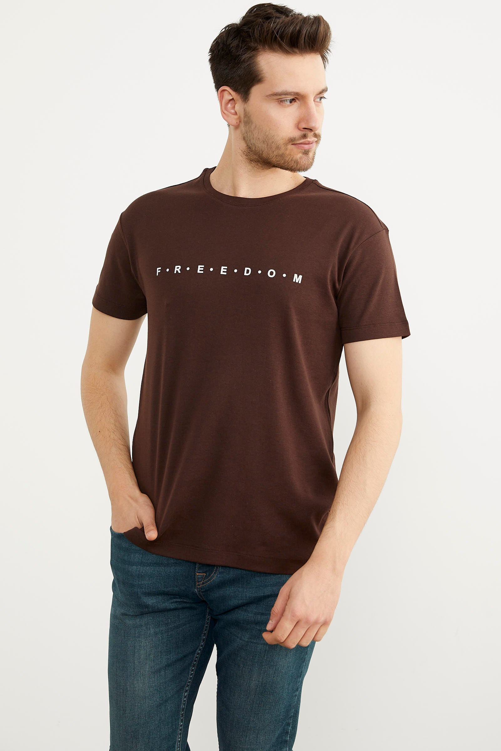 Baskılı Sıfır Yaka Pamuk Tişört - Kahve (2) Sementa