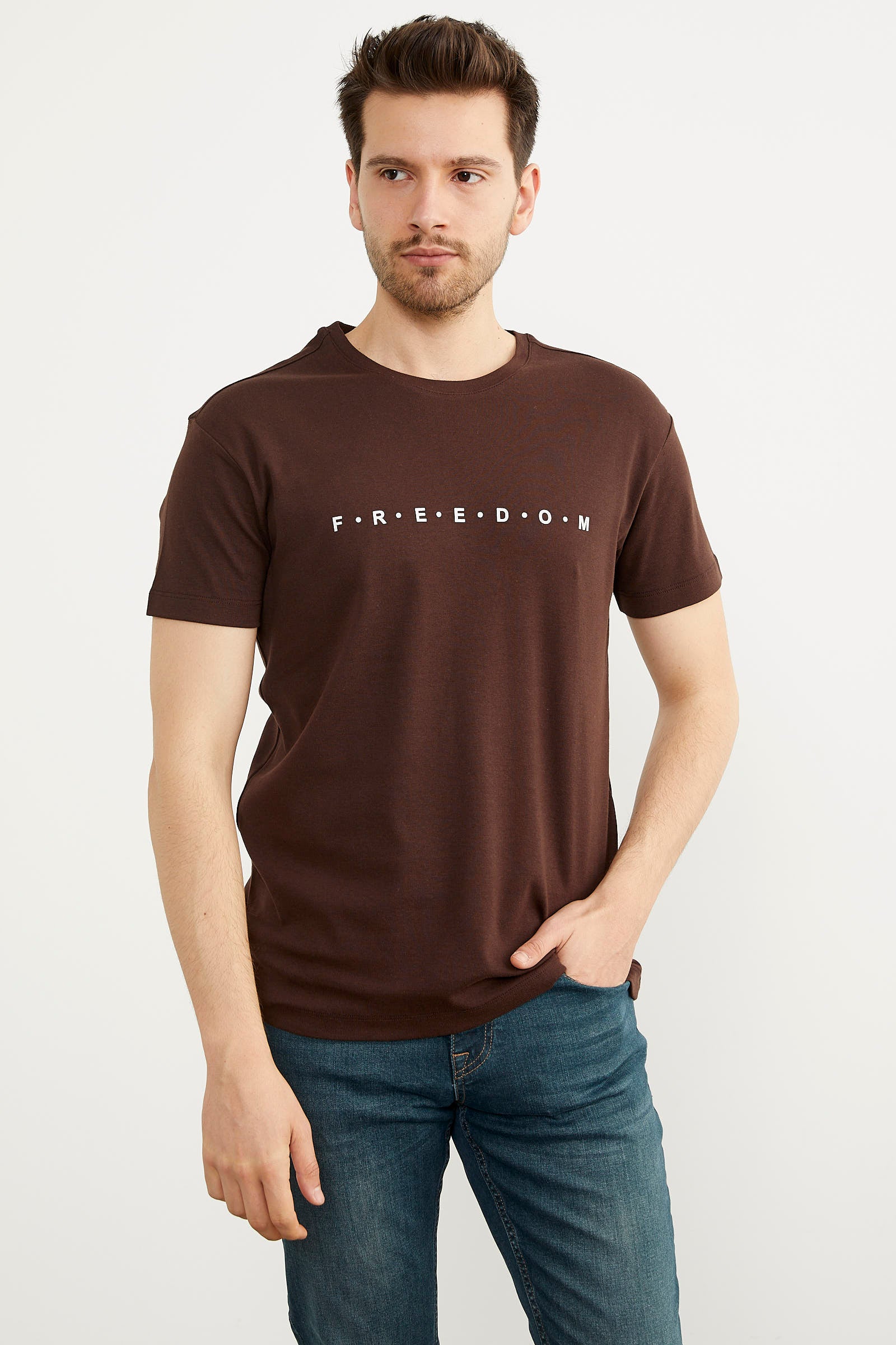 Baskılı Sıfır Yaka Pamuk Tişört - Kahve (3) Sementa