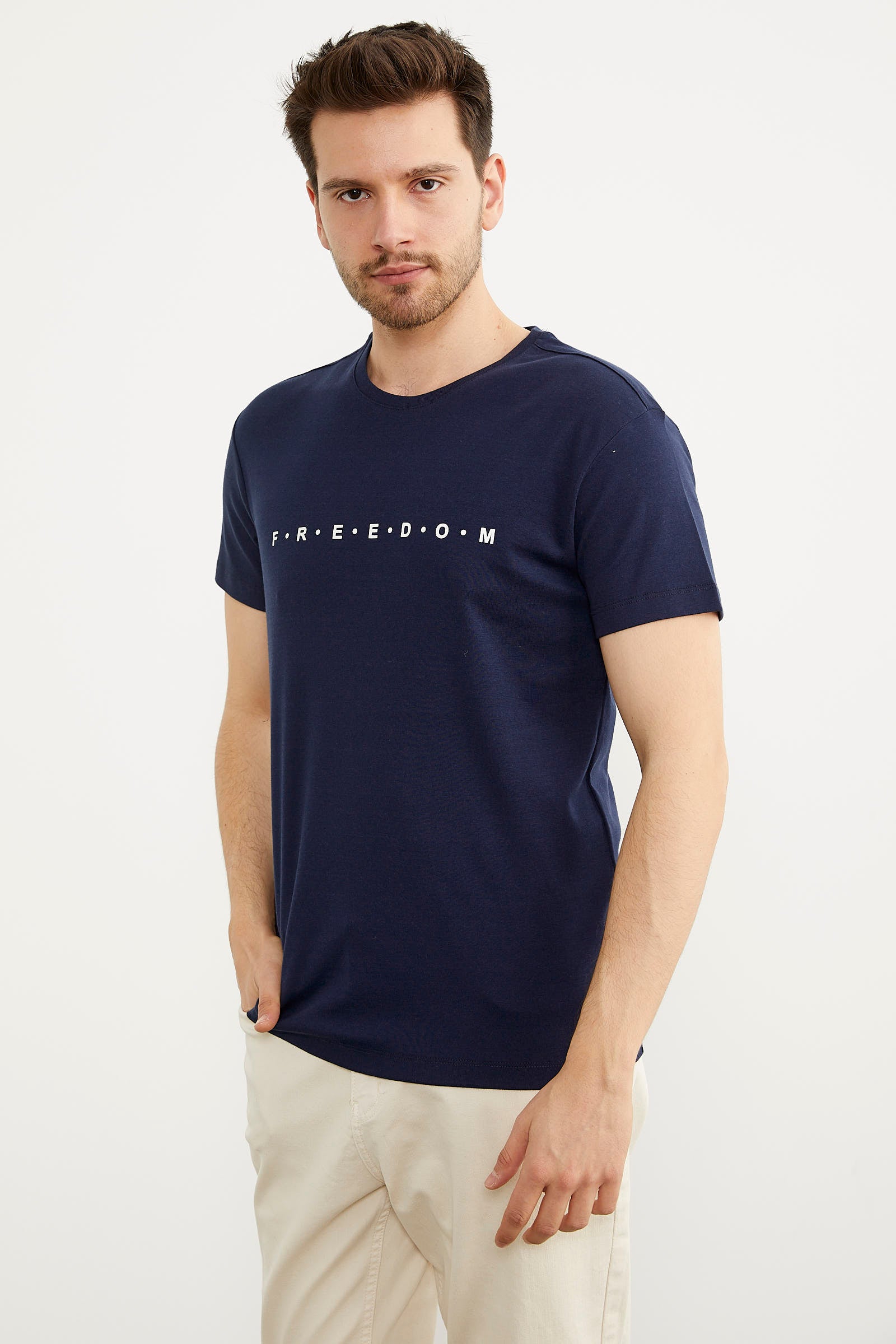 Baskılı Sıfır Yaka Pamuk Tişört - Lacivert (2) Sementa