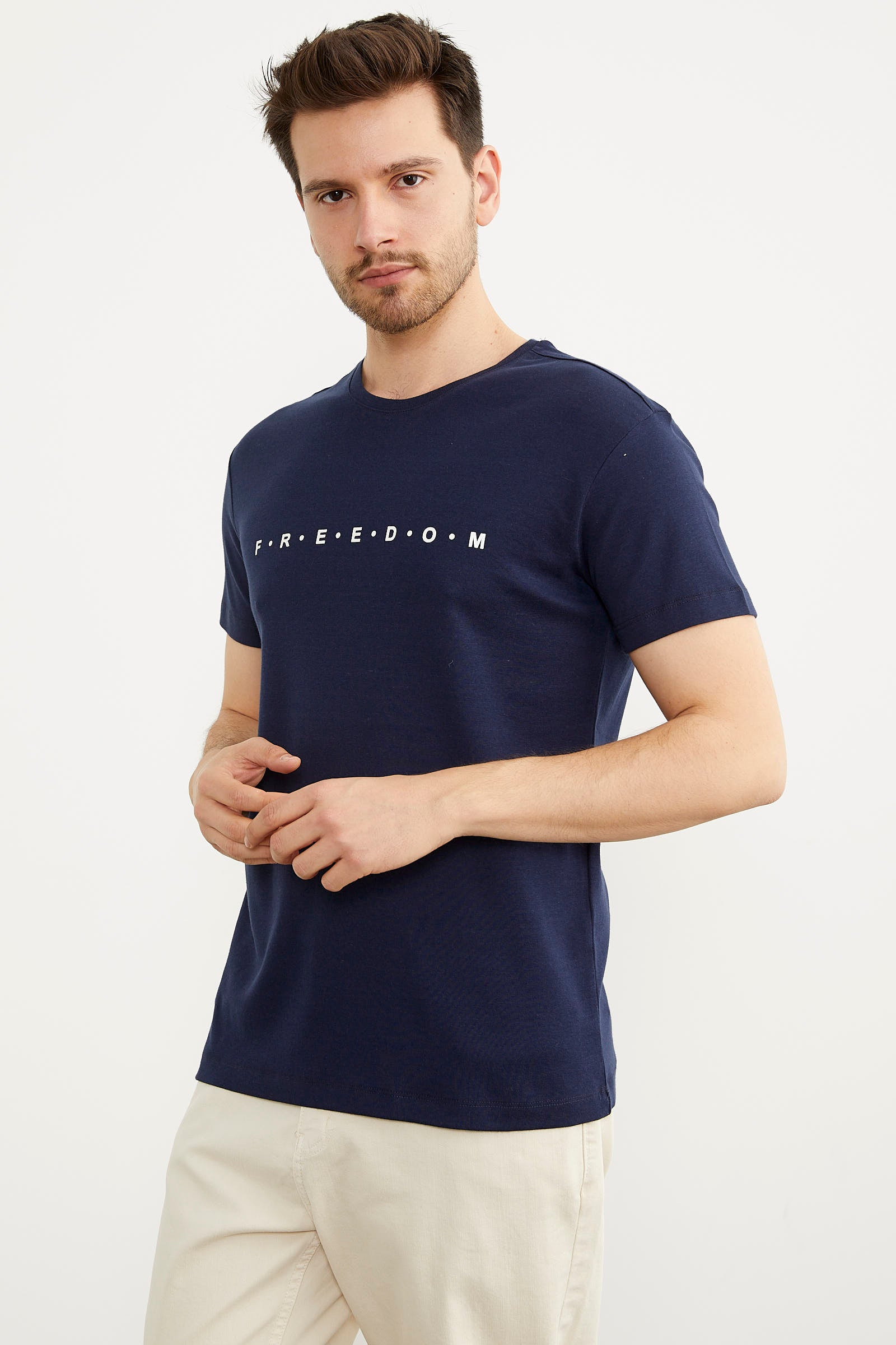 Baskılı Sıfır Yaka Pamuk Tişört - Lacivert (3) Sementa