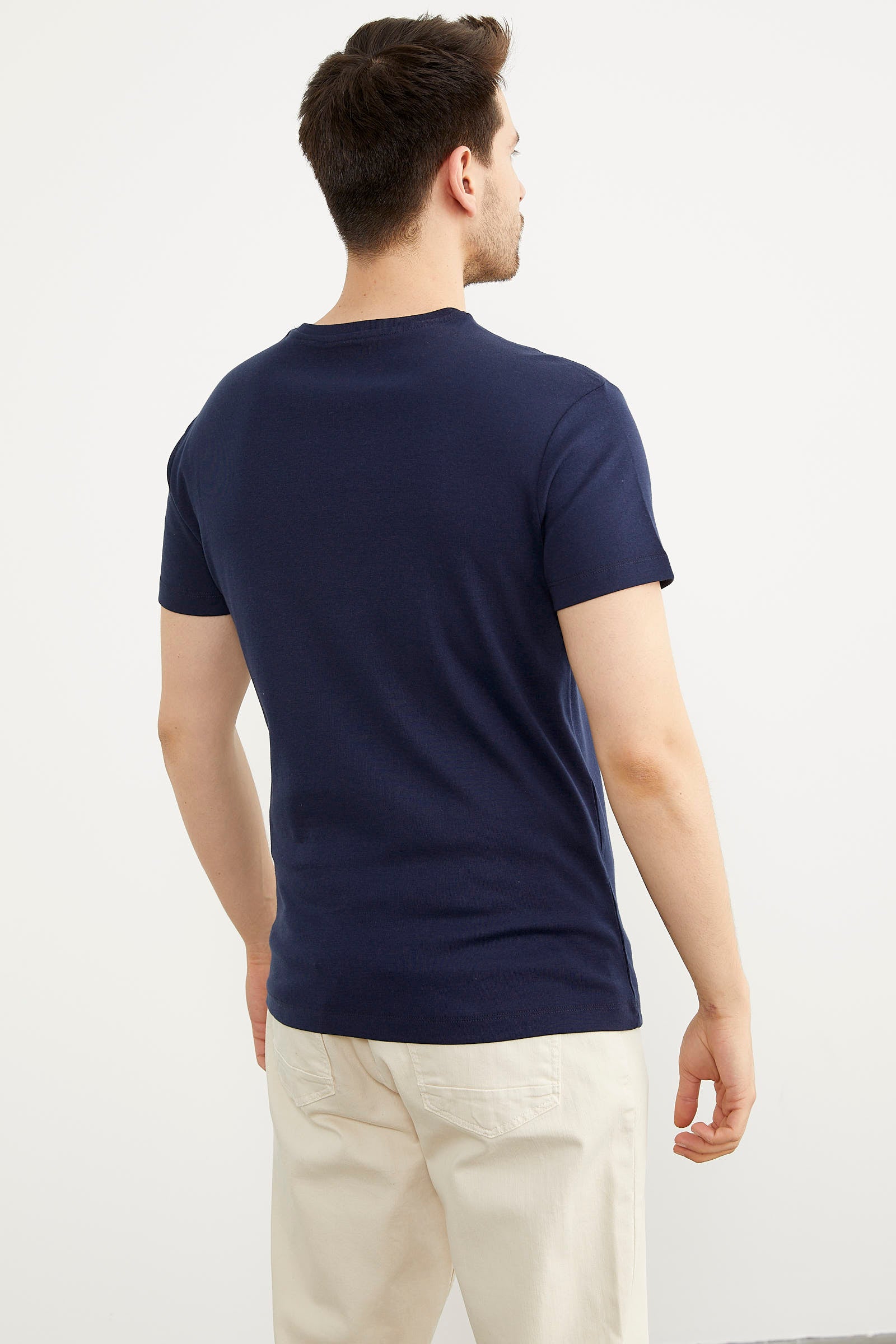 Baskılı Sıfır Yaka Pamuk Tişört - Lacivert (4) Sementa