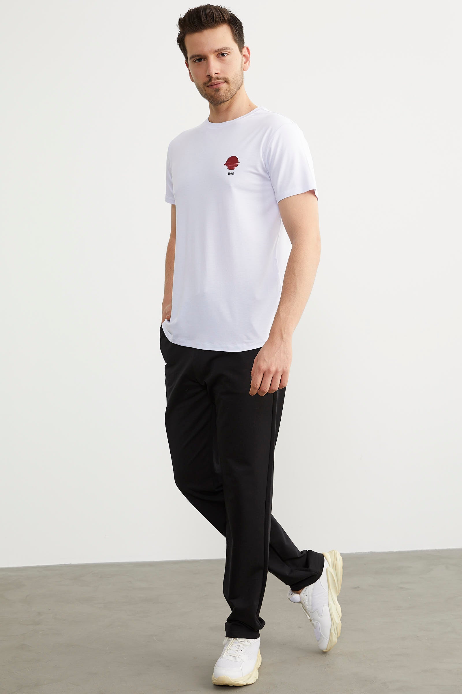 Baskılı Sıfır Yaka Penye Tişört - Beyaz (2) Sementa