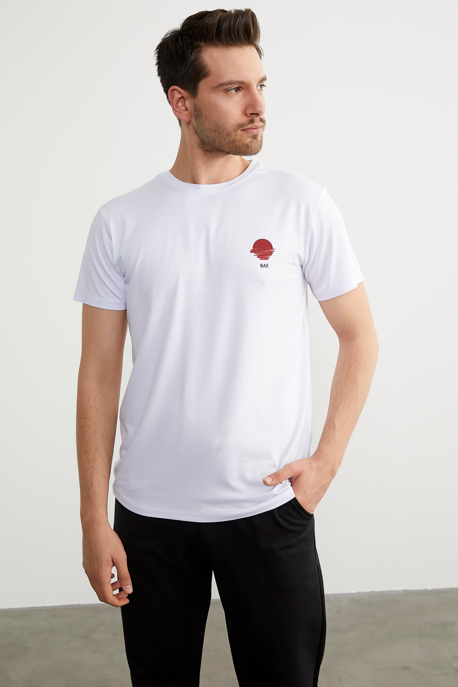 Baskılı Sıfır Yaka Penye Tişört - Beyaz (3) Sementa