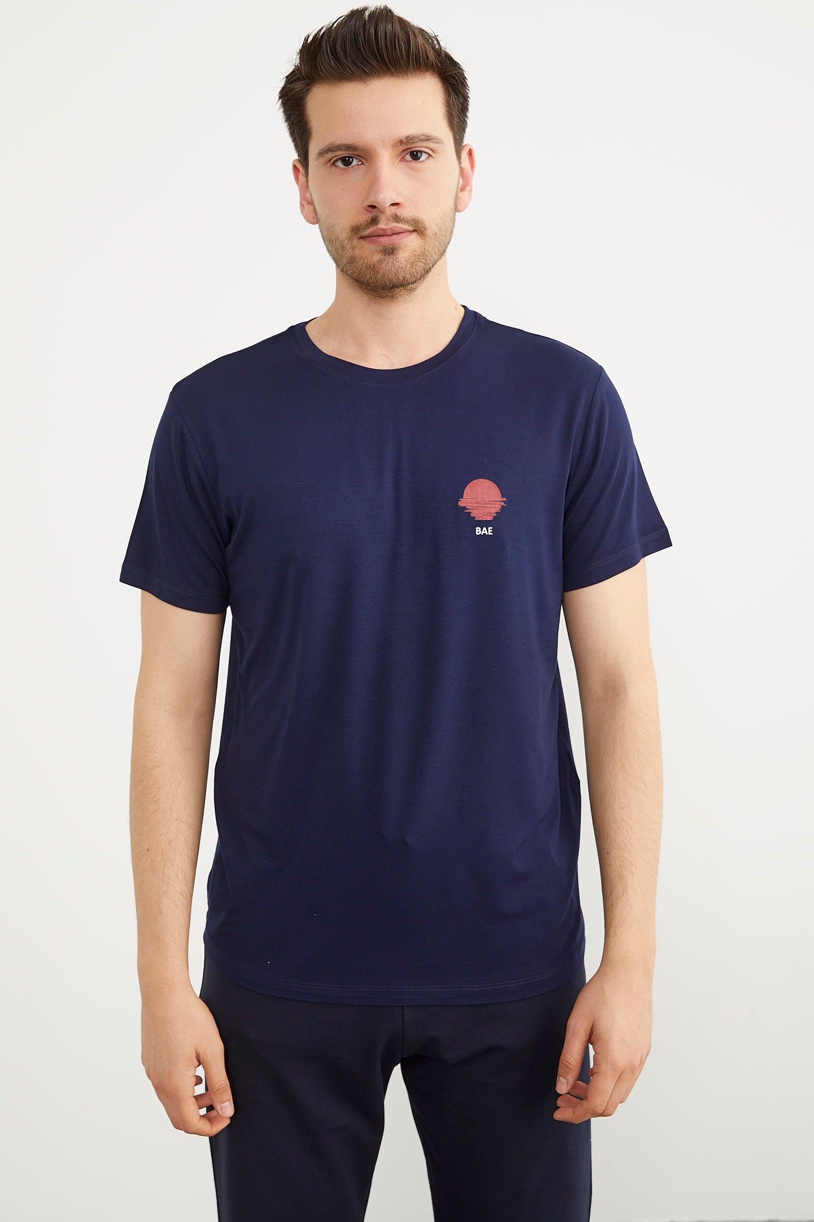 Baskılı Sıfır Yaka Penye Tişört - Lacivert (1) Sementa