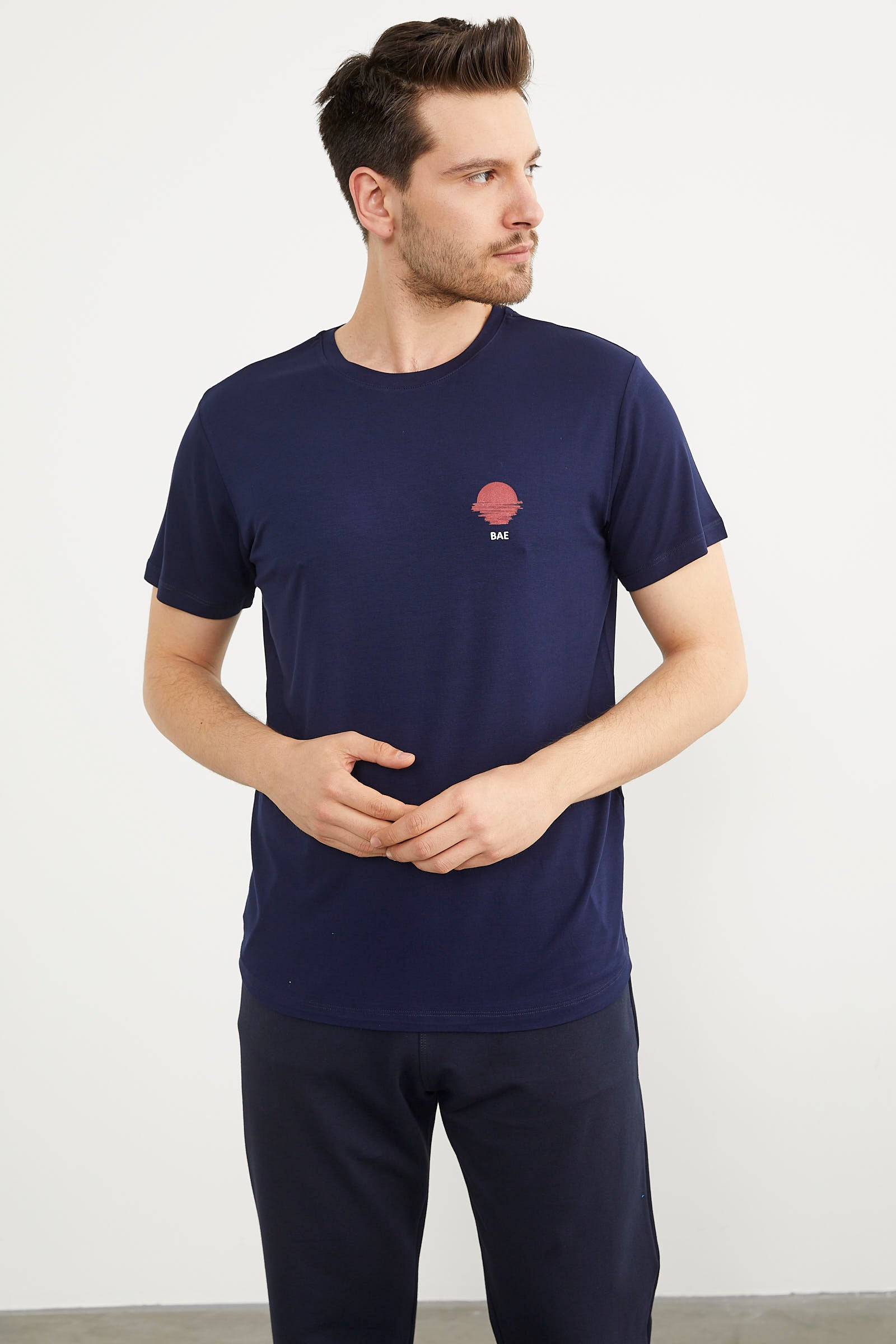 Baskılı Sıfır Yaka Penye Tişört - Lacivert (2) Sementa