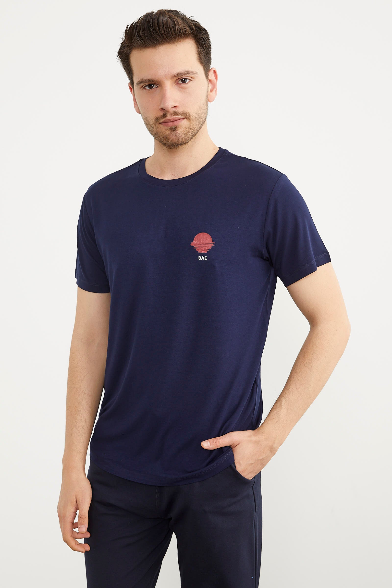 Baskılı Sıfır Yaka Penye Tişört - Lacivert (3) Sementa