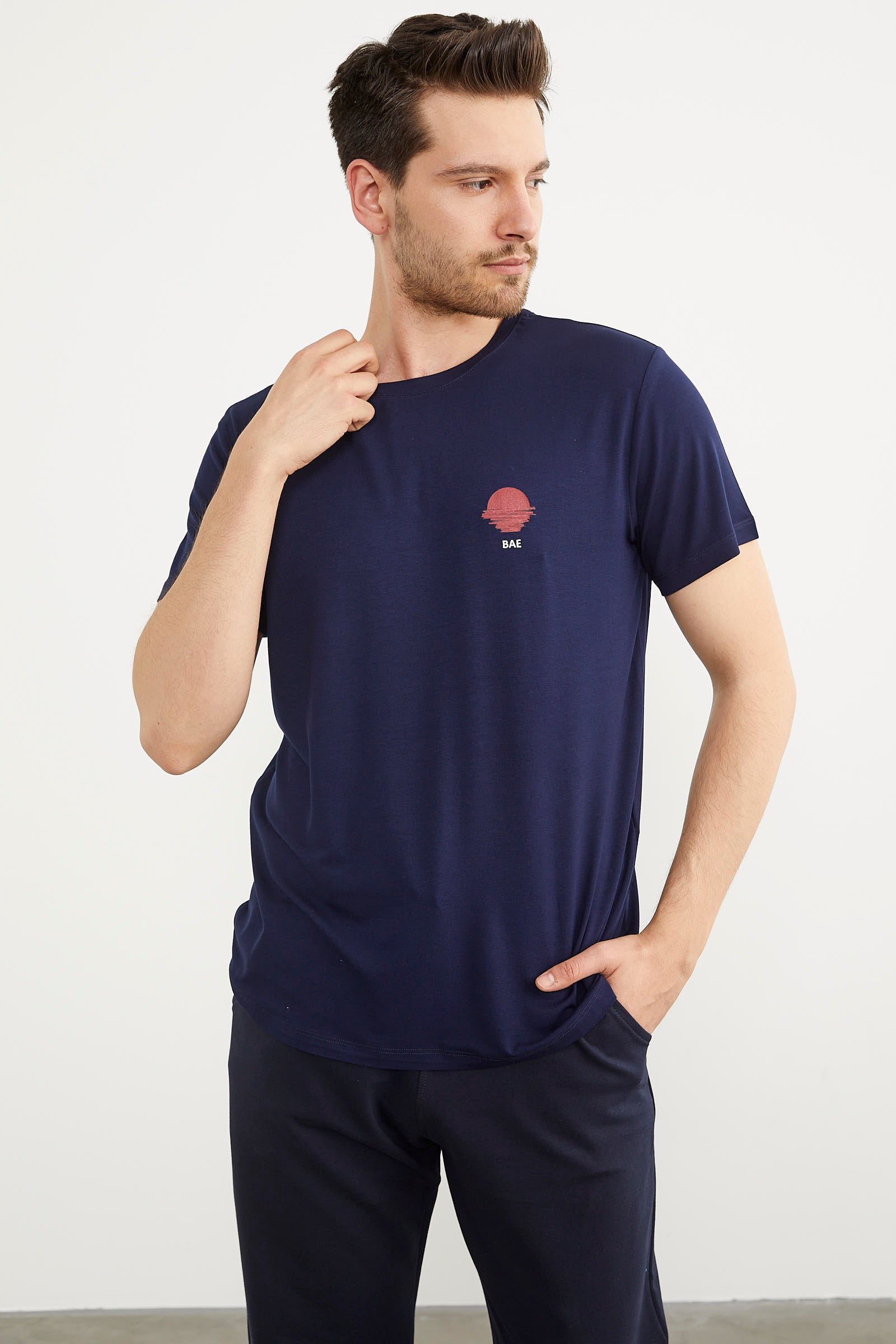 Baskılı Sıfır Yaka Penye Tişört - Lacivert (4) Sementa
