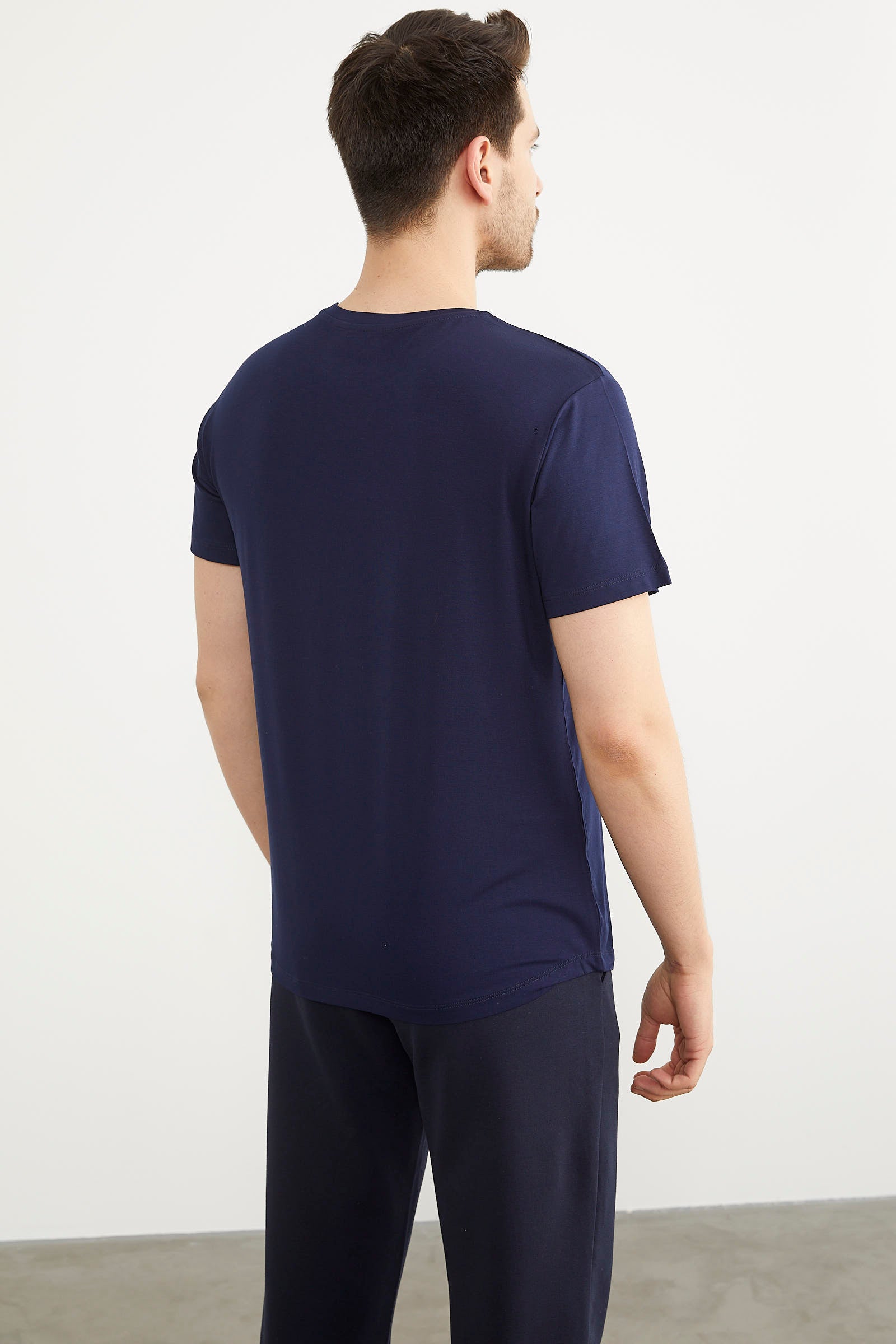 Baskılı Sıfır Yaka Penye Tişört - Lacivert (5) Sementa