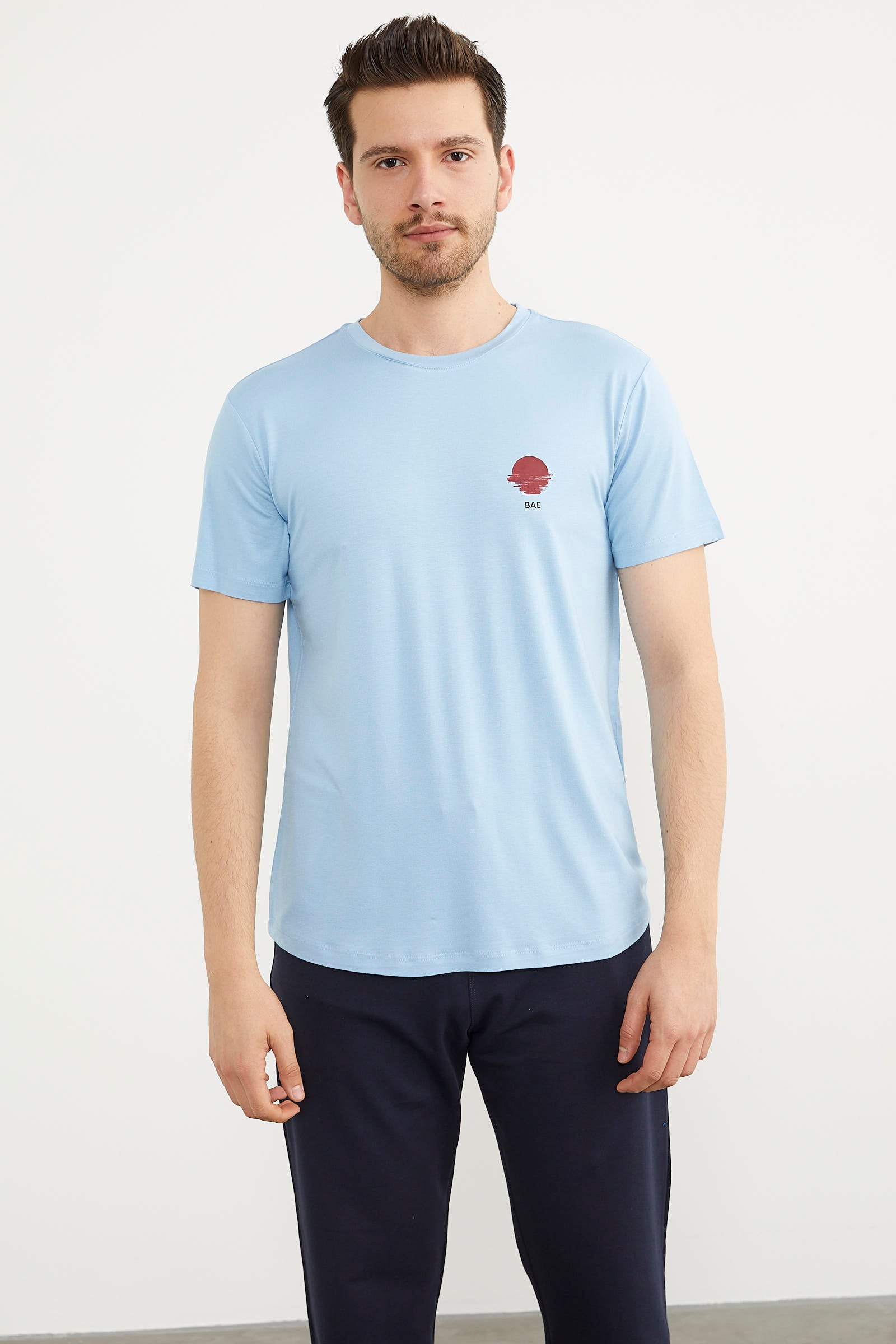 Baskılı Sıfır Yaka Penye Tişört - Mavi (1) Sementa