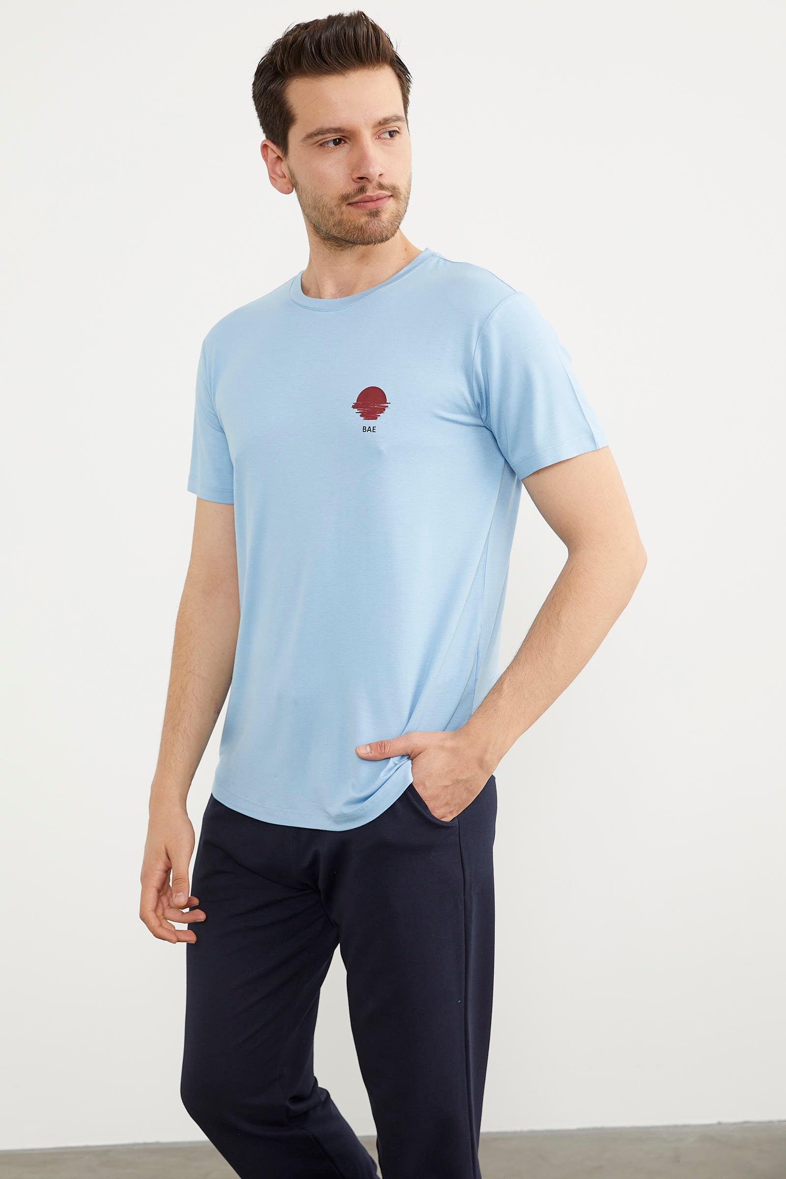 Baskılı Sıfır Yaka Penye Tişört - Mavi (2) Sementa